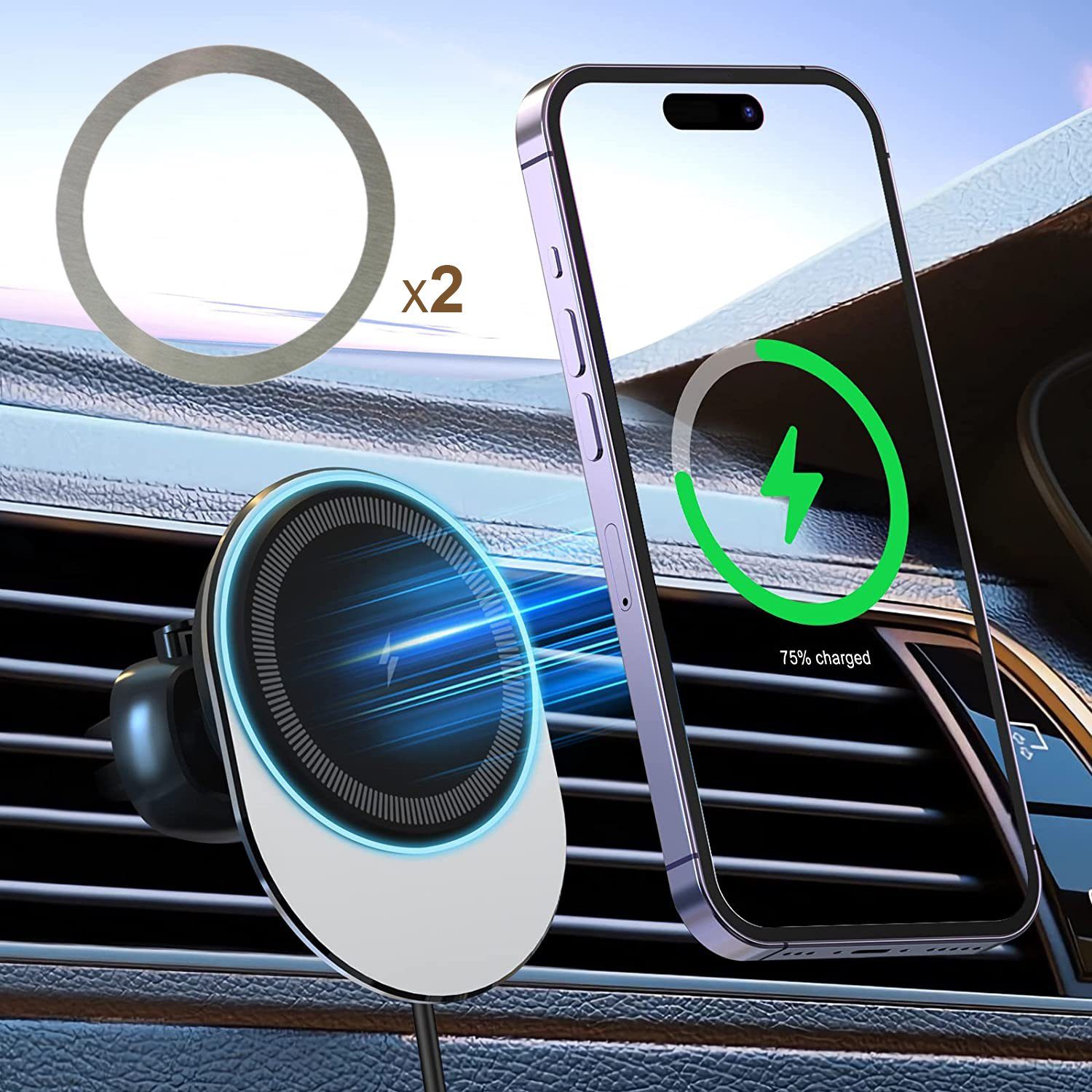 JOEAIS Handyhalterung Auto Lüftung Smartphone Halterung Kabelloses Magnet  Handy-Halterung, (2 Magnetisch Adapter Ring, Magsafe 15W Kabelloses  Ladegerät Autohalterung Handy KFZ Halterunge, Wireless Car Fast Charger KFZ  Ladestation für iPhone 14/13/12