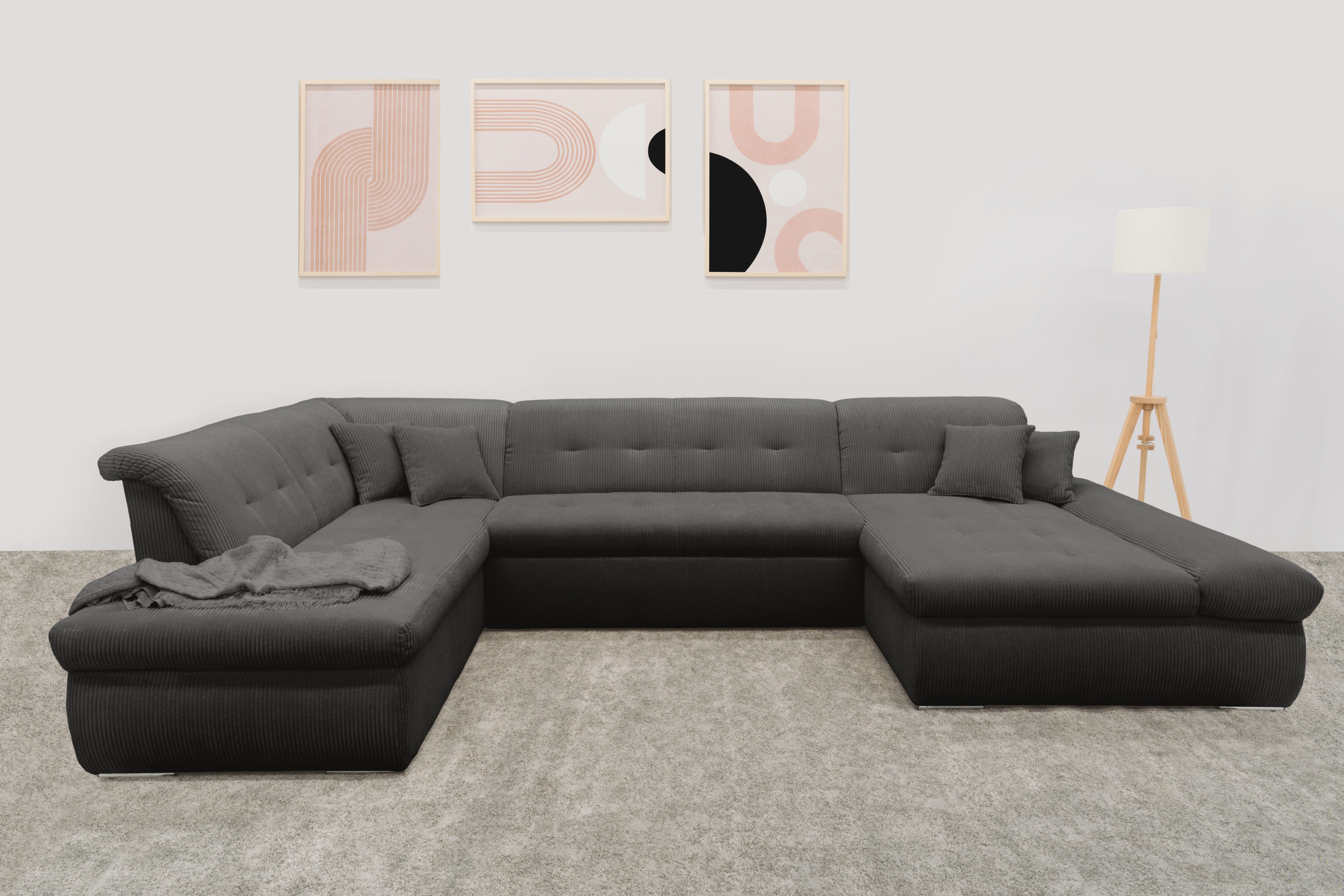 DOMO collection Wohnlandschaft Moric U-Form, auch in Cord, Breite 353cm, viel Platz, im XXL-Format, wahlweise mit Bettfunktion und Armlehnenverstellung