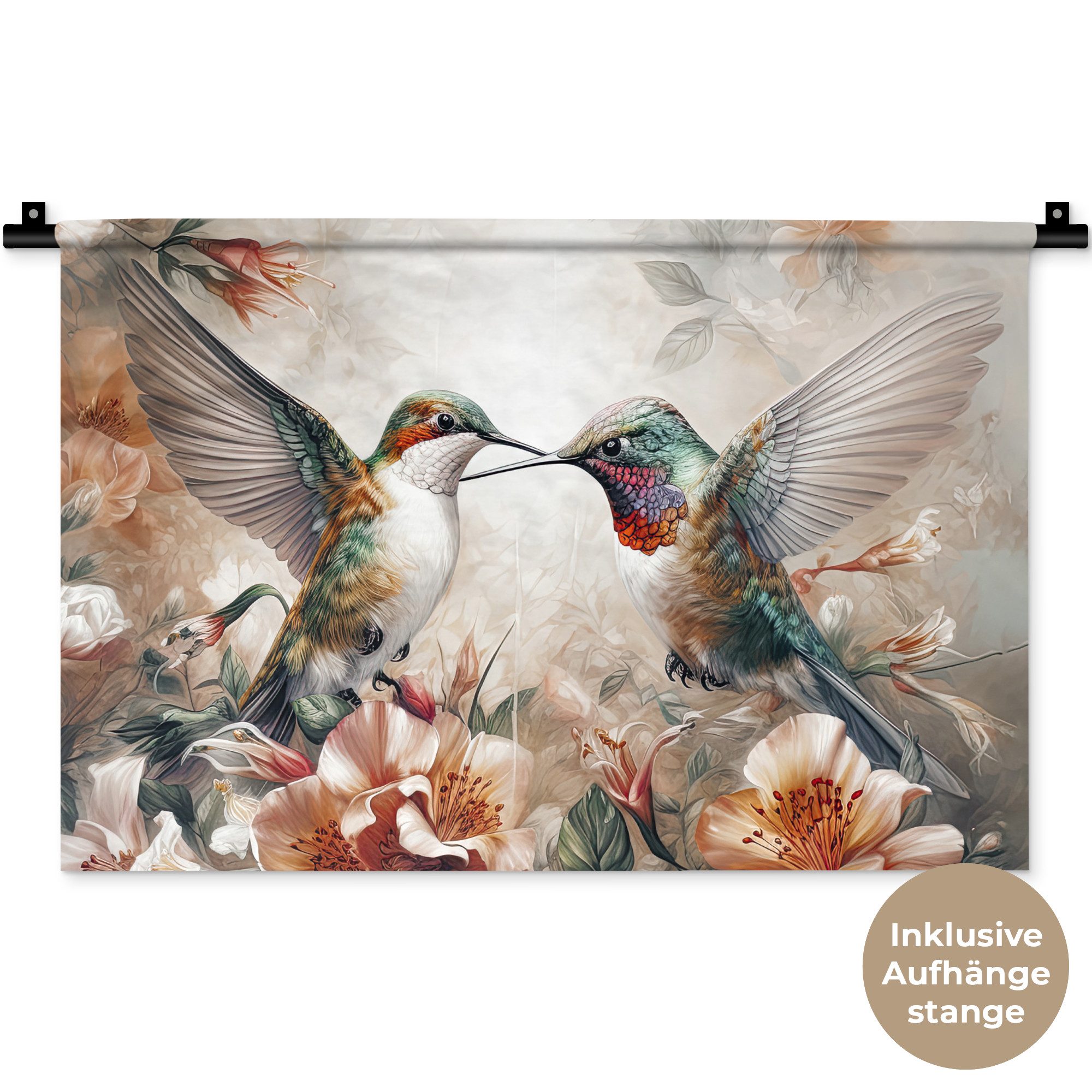MuchoWow Wandteppich Kolibri - Vögel - Blumen - Natur, Rechteckig, Höhe: 3 mm, Wandteppich für Wohnzimmer, Schlafzimmer, 60x40 cm