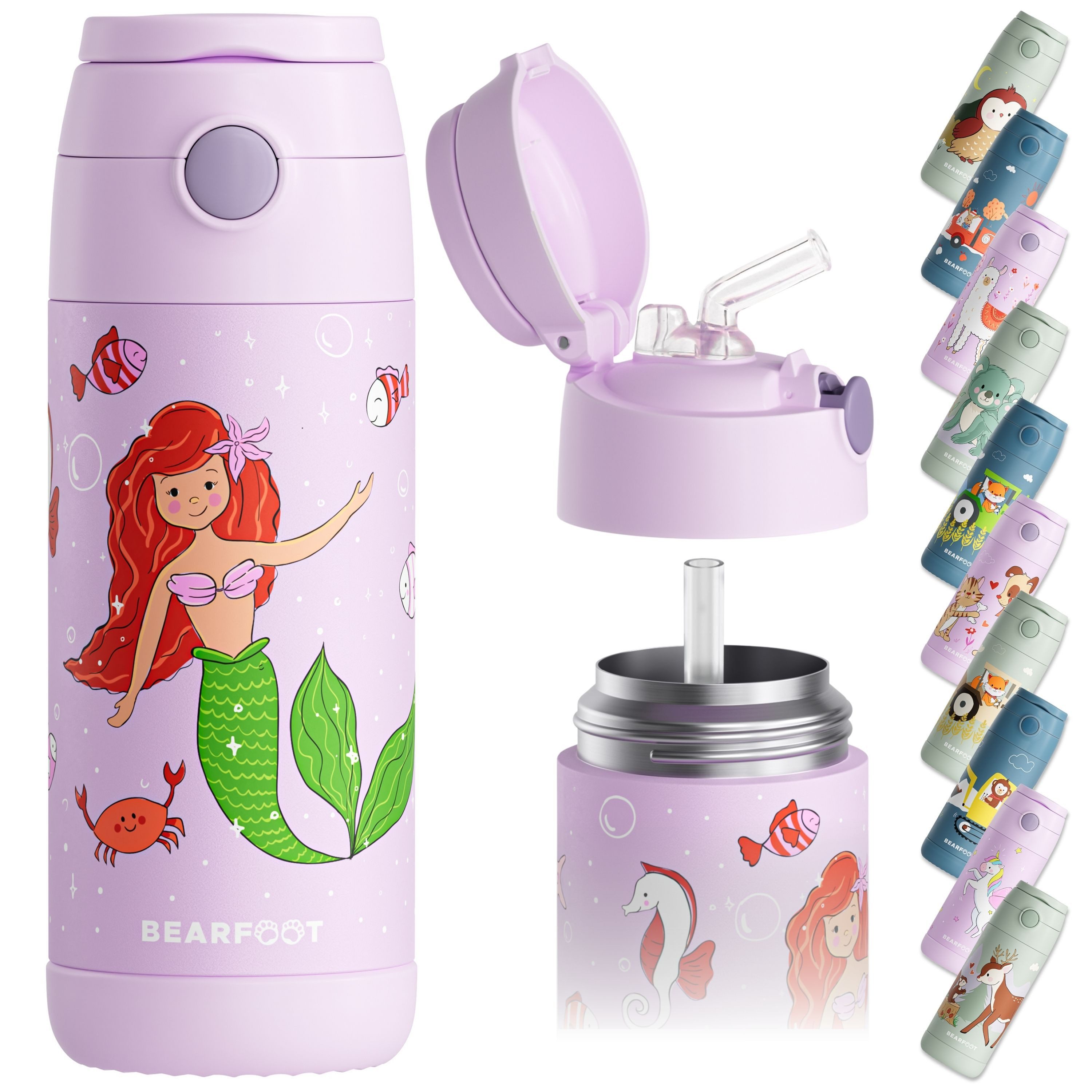 BEARFOOT Trinkflasche Thermo Kinder Trinkflasche Edelstahl - Meerjungfrau lila, Thermosflasche, auslaufsicher, Edelstahl, Kinderflasche, BPA-frei