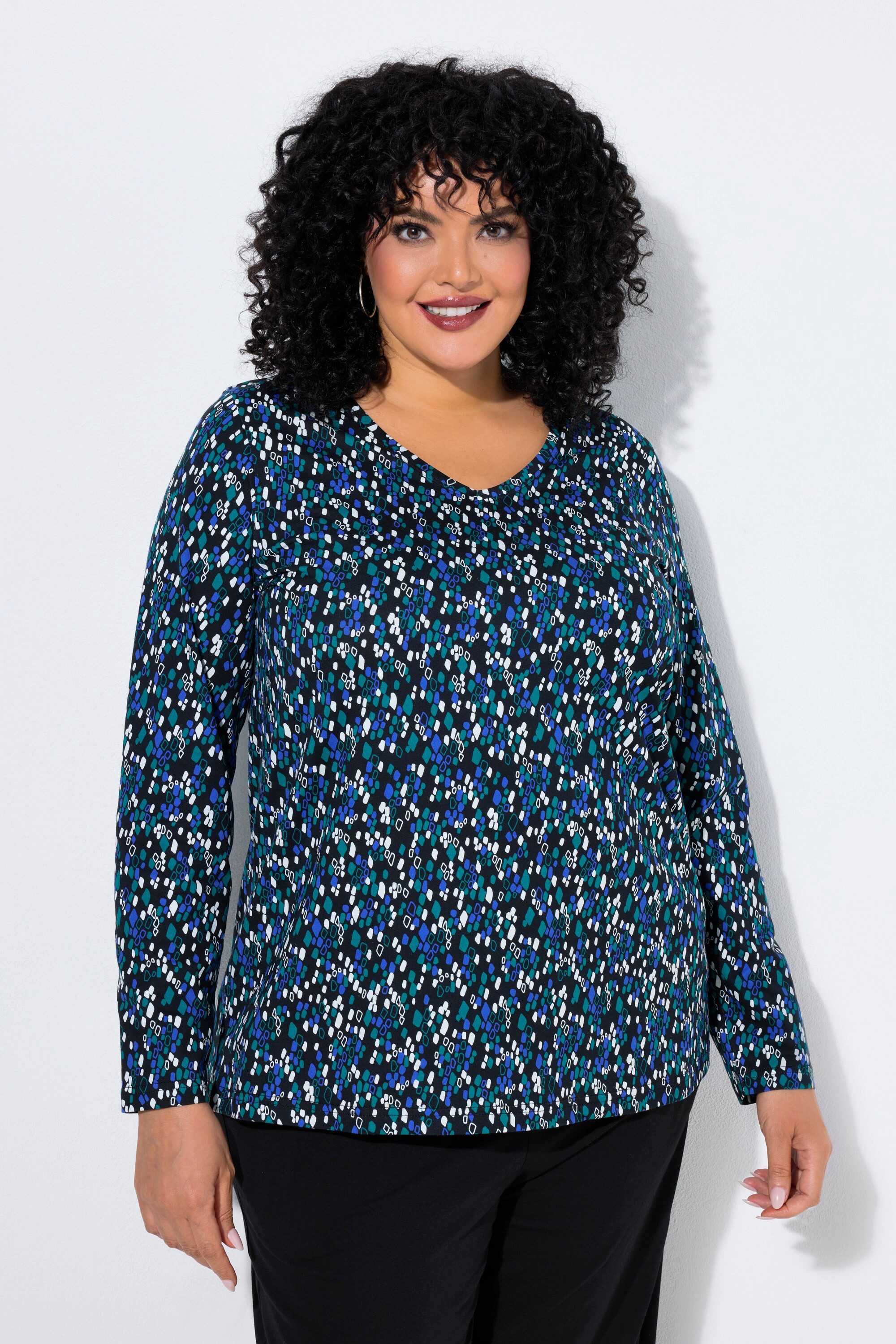 Ulla Popken Longshirt Shirt grafischer Druck V-Ausschnitt Langarm