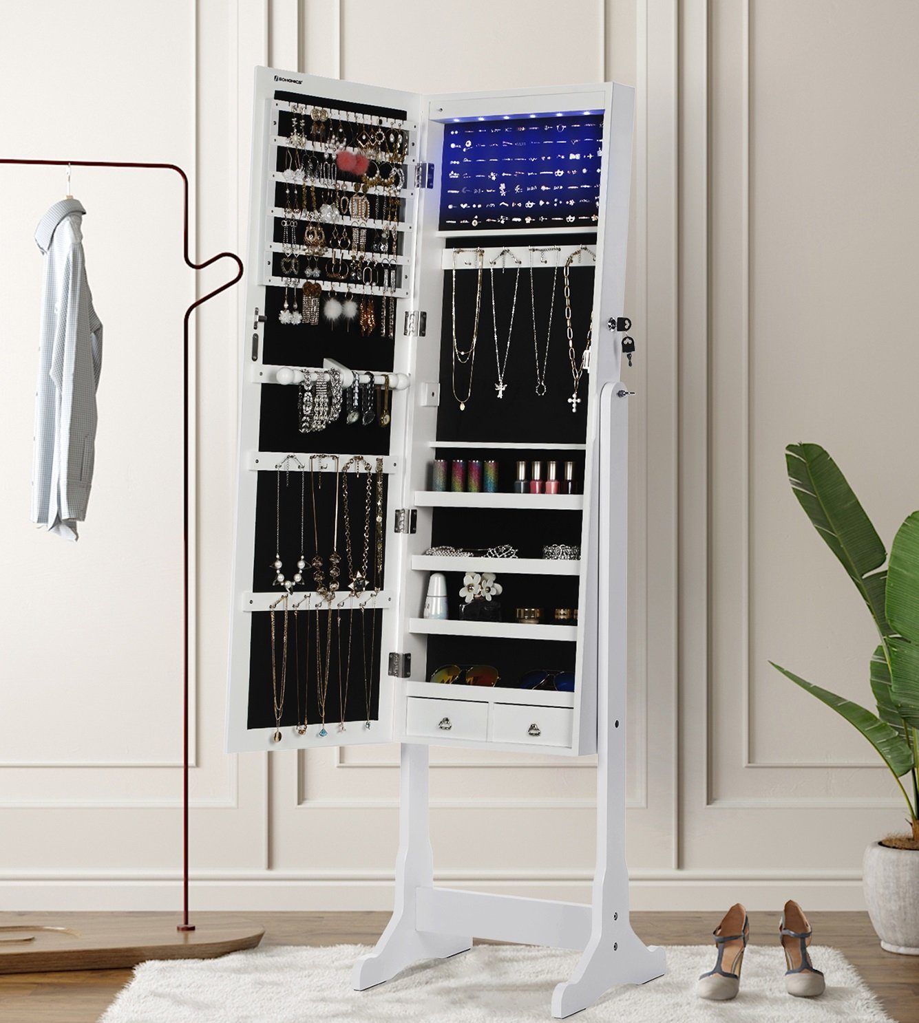 SONGMICS Schmuckschrank Spiegelschrank mit LED Beleuchtung, 4 Ablagen, 2 Sc günstig online kaufen