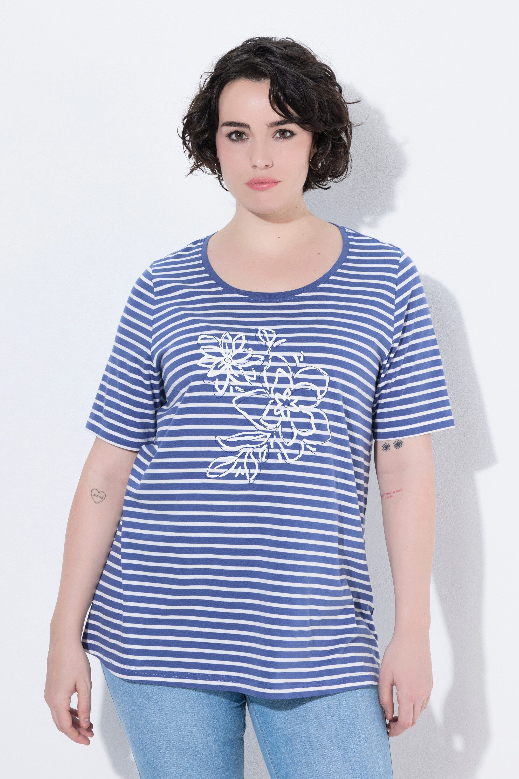Ulla Popken T-Shirt Shirt Ringel Stickerei A-Linie Rundhals Halbarm