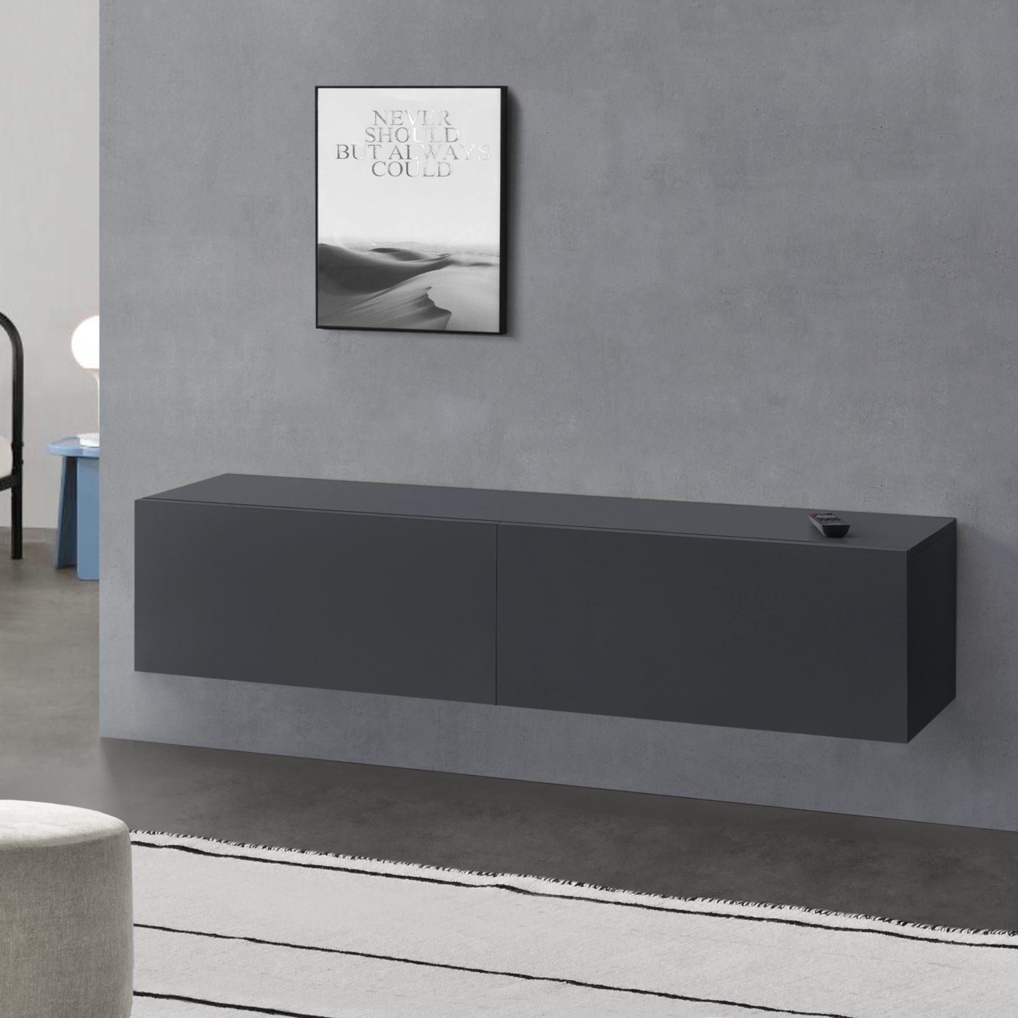 en.casa Hängeschrank »Evaton« TV Lowborad 140cm, 2 Ablagefächer, Dunkelgrau günstig online kaufen