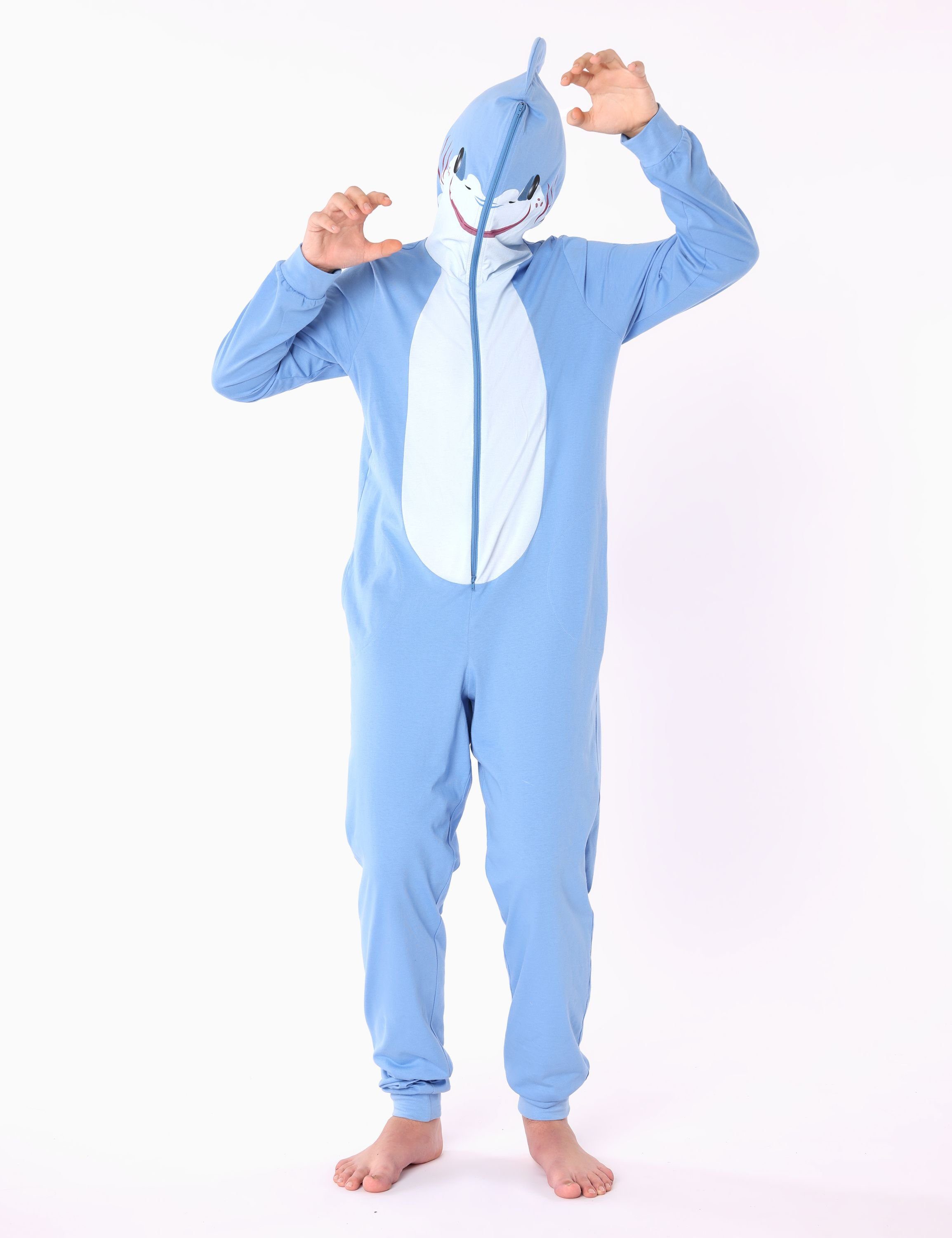 mit Schlafanzug Schlafoverall LA40-240 Tierkostüm Hai Jungen Baumwolle aus ohne Blau Kapuze Ladeheid