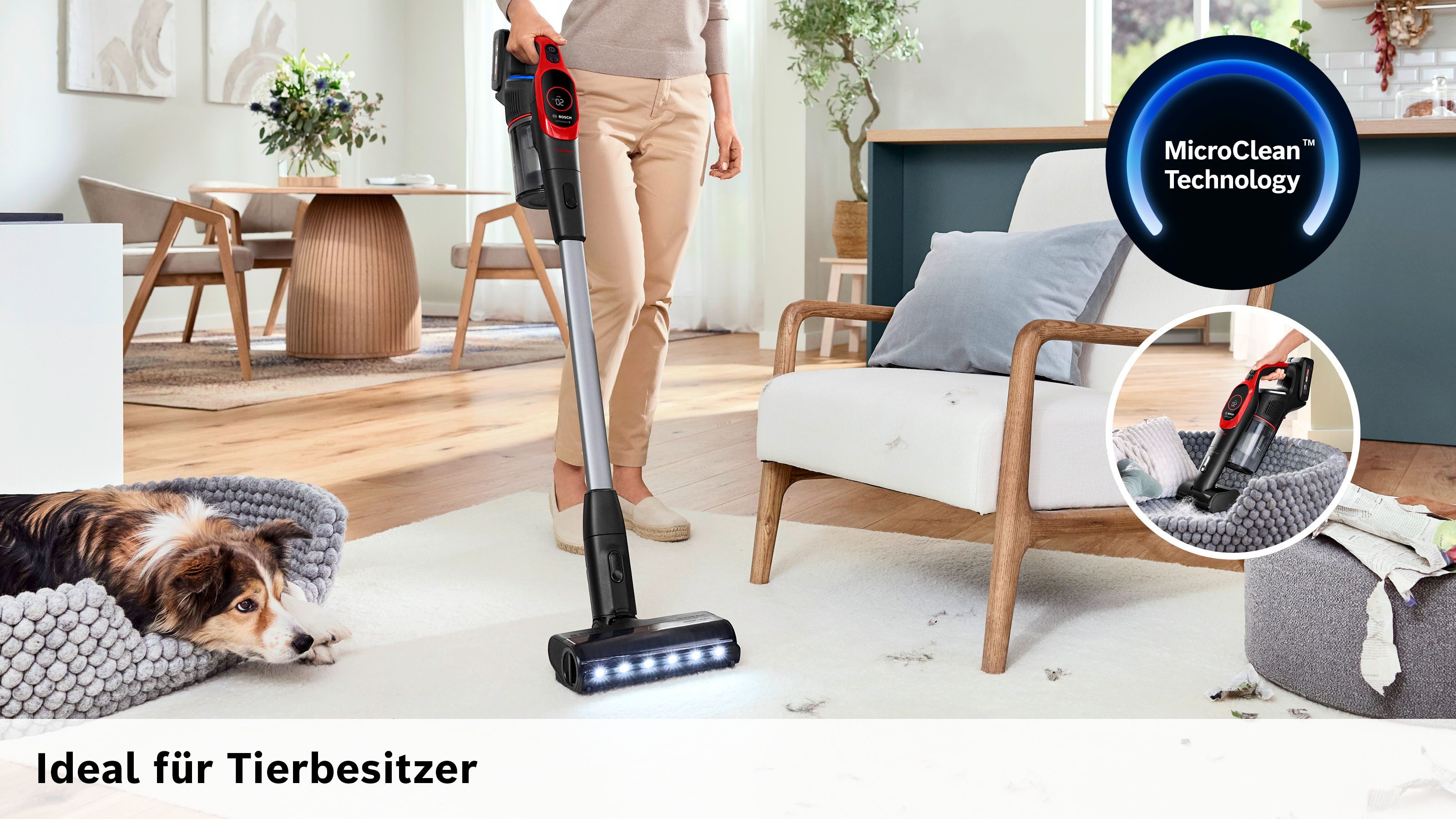 BOSCH Akku-Stielstaubsauger Unlimited 9 ProAnimal BKS941PET, MicroClean™ Technology, 300 W, beutellos, HEPA-Filtersystem, 10 Jahre Motorgarantie, Schnellladegerät, LED Licht