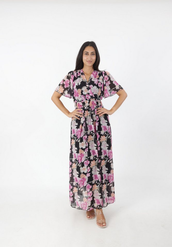 Elara Maxikleid — Damen Sommerkleid mit Blumenmuster, V-Ausschnitt und Volantärmeln