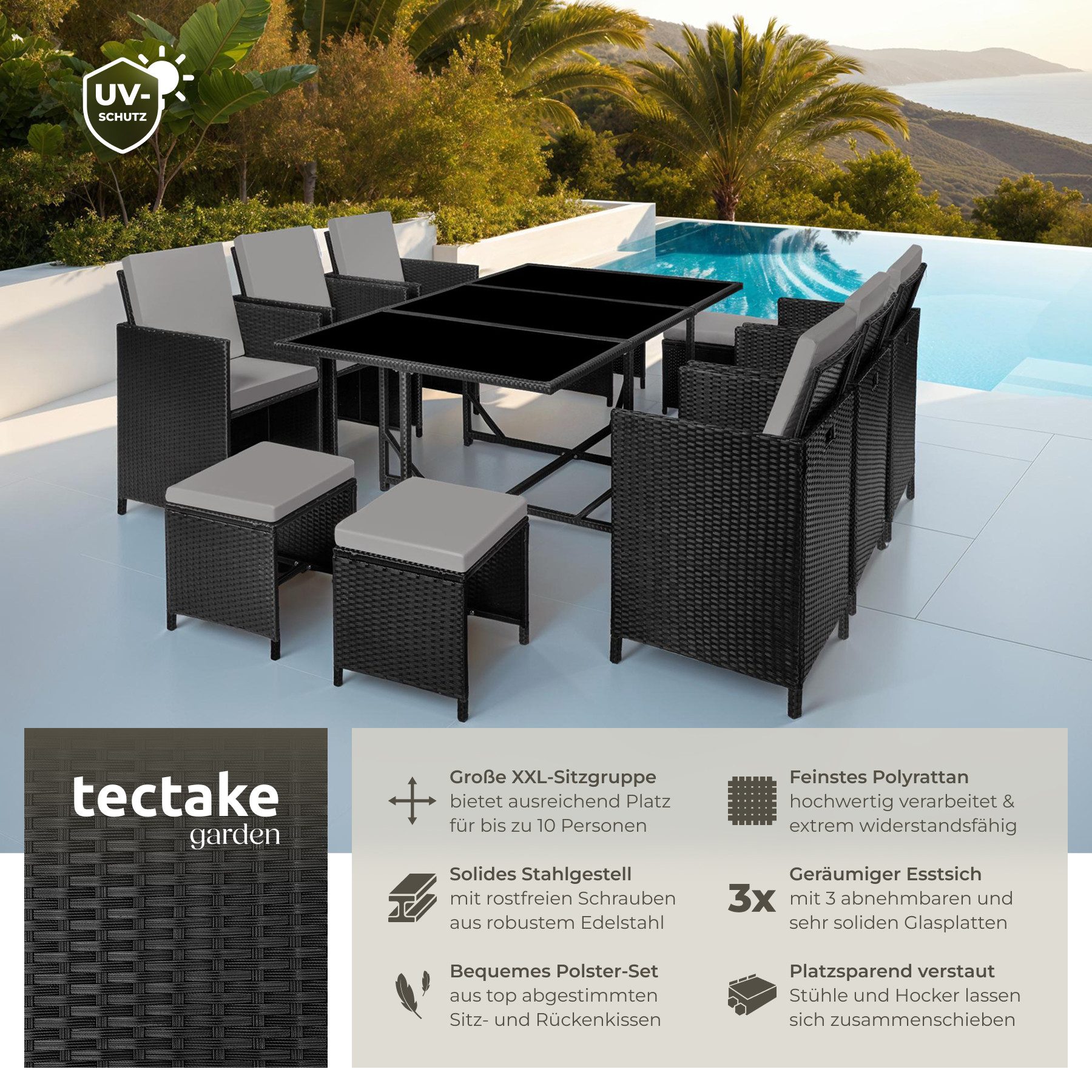 tectake Sitzgruppe Rattan-Gartenlounge für 6 bis 10 Personen, Inkl. Schutzhülle, (Loungeset Malaga, 12-tlg., für Außen in Schwarz/Grau), widerstandsfähig, UV-beständig, mit Sicherheitsglasplatten