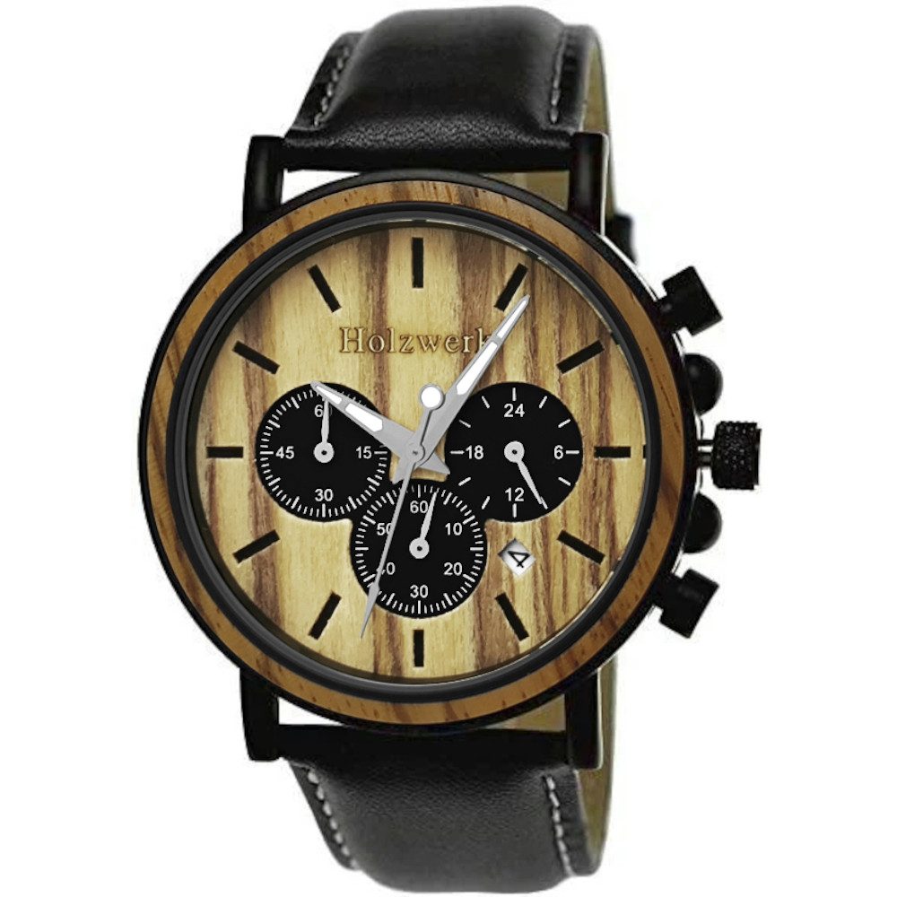 Holzwerk Chronograph Leder & Holz - Edelstahl Armbanduhr mit Datum, inkl. Armbandkürzer (Modell: BOCHOLT), Unikate aus Holz mit Uhrenbox
