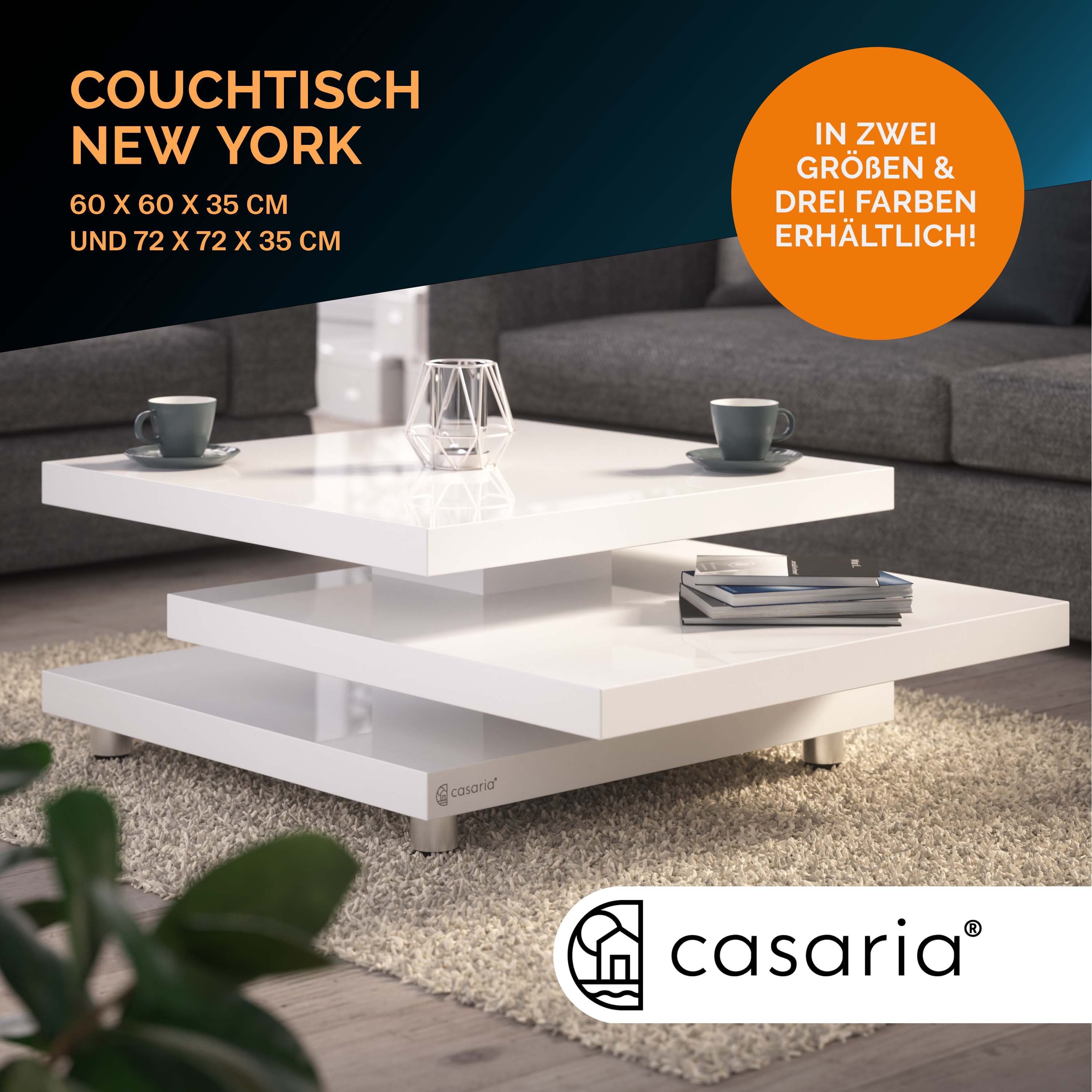 Casaria Couchtisch New York, Hochglanz Drehbar Modern Füße 60x60cm Weiß 360° Höhenverstellbare