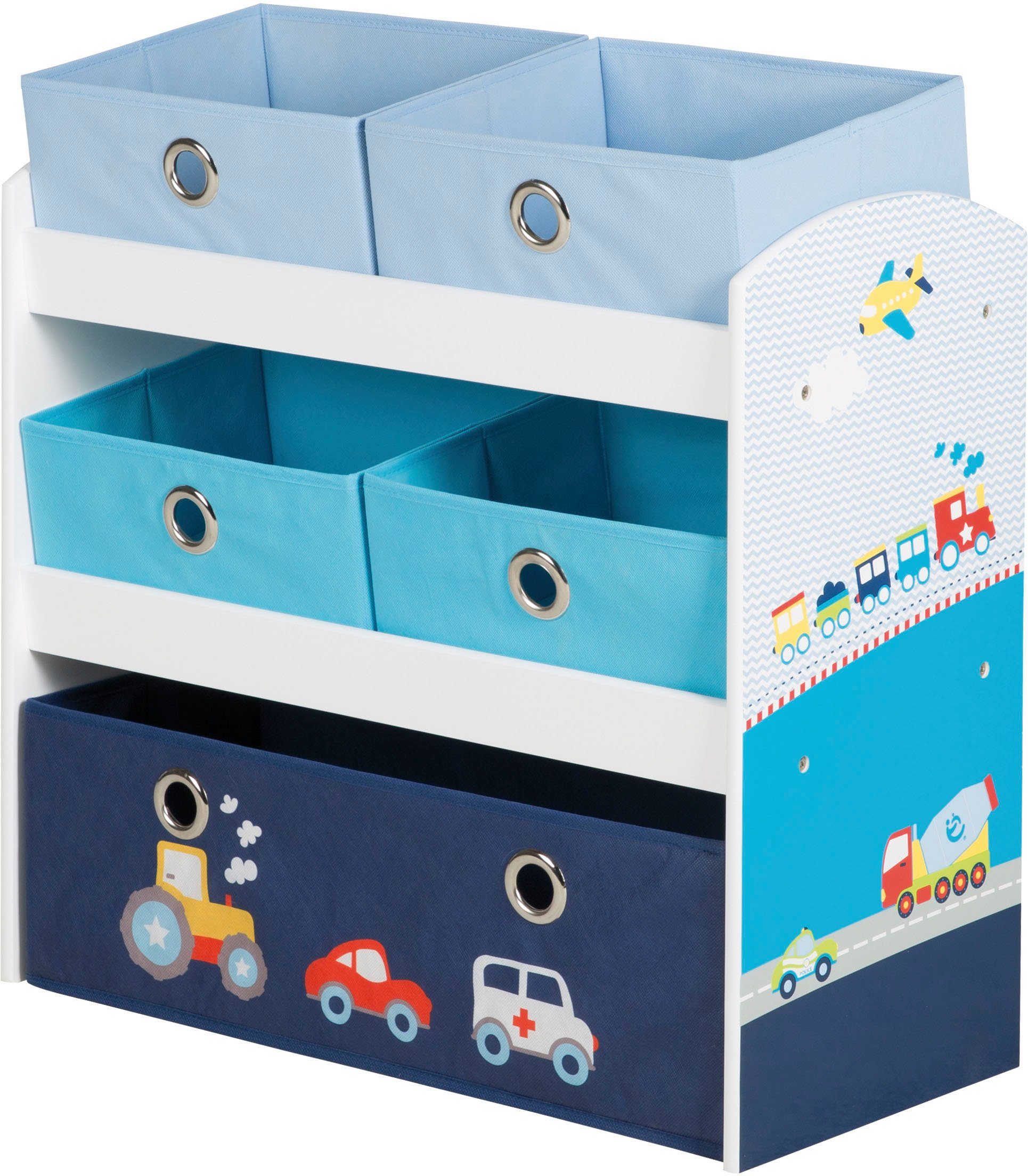 roba® Kinderregal Rennfahrer, bunt, inklusive 5 Stoffboxen in 2 Größen günstig online kaufen