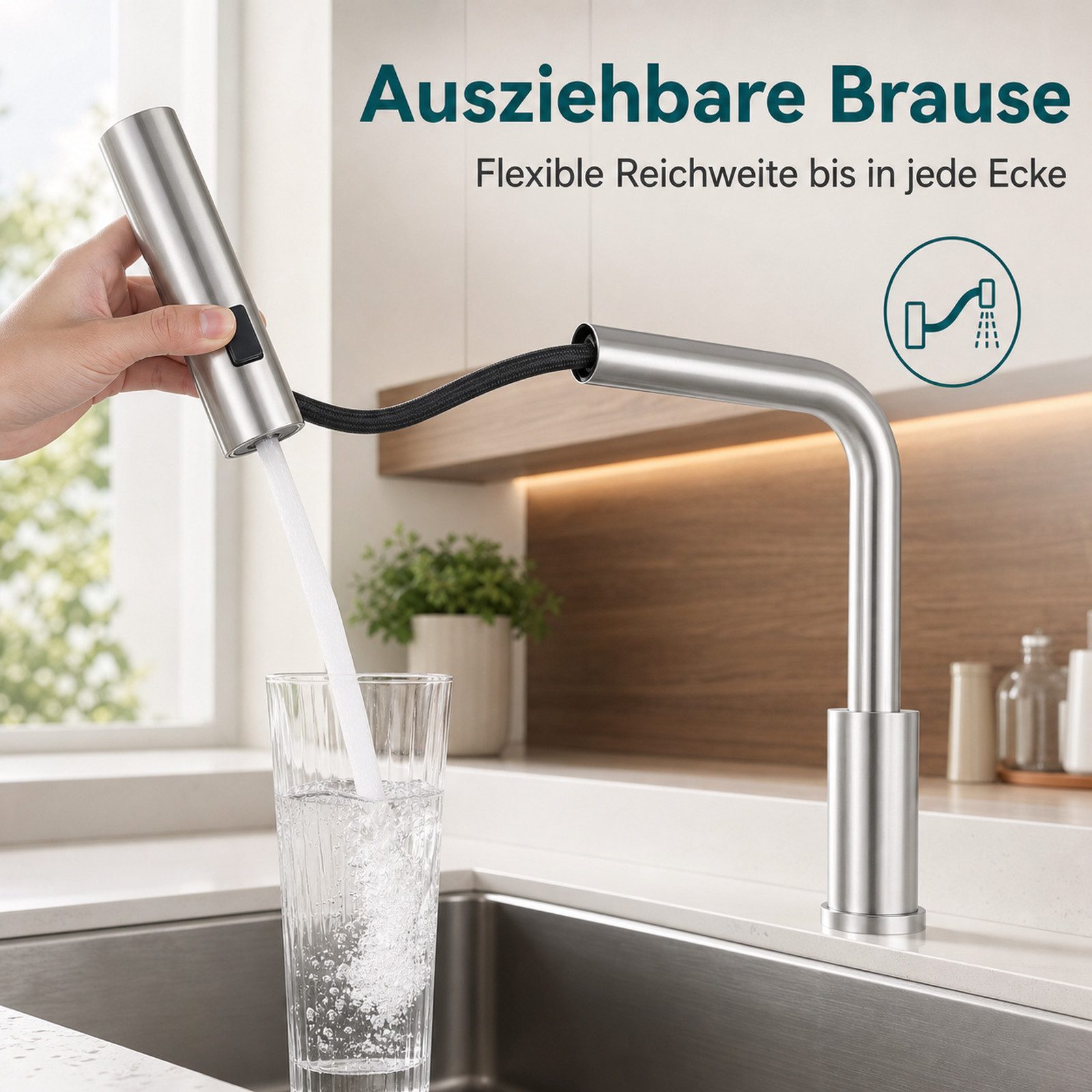 Ledklang Küchenarmatur Schwarz/Silber Edelstahl Optik ausziehbarer Brause Spültischarmatur (1-St) Einhebelmischer für Küchenspüle Armatur 360° Drehbar 3 Strahla – Bild 2 von 5