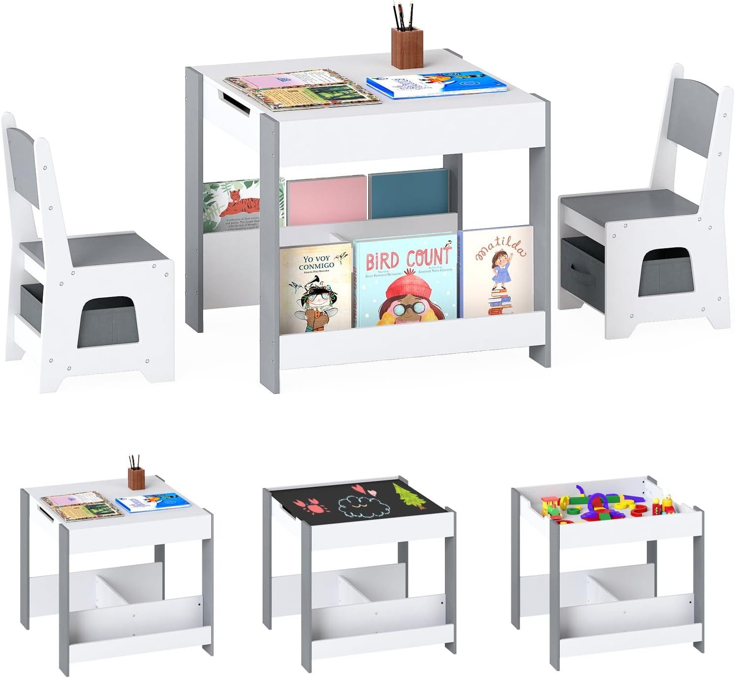 COSTWAY Kindersitzgruppe, (3-tlg), 4-in-1 Kindertisch mit 2 Stühlen, Stauraum