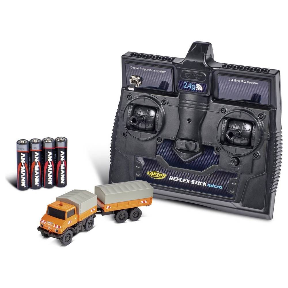 CARSON RC-Auto 1:87 MB Unimog U406 m. Anhänger 100% RTR 500504177, inkl. Akku, Ladegerät und Senderbatterien