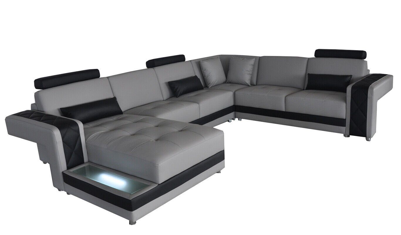 JVmoebel Sofa Eck Modern Wohnlandschaft Ledersofa U-Form Garnitur LED USB Ecksofa