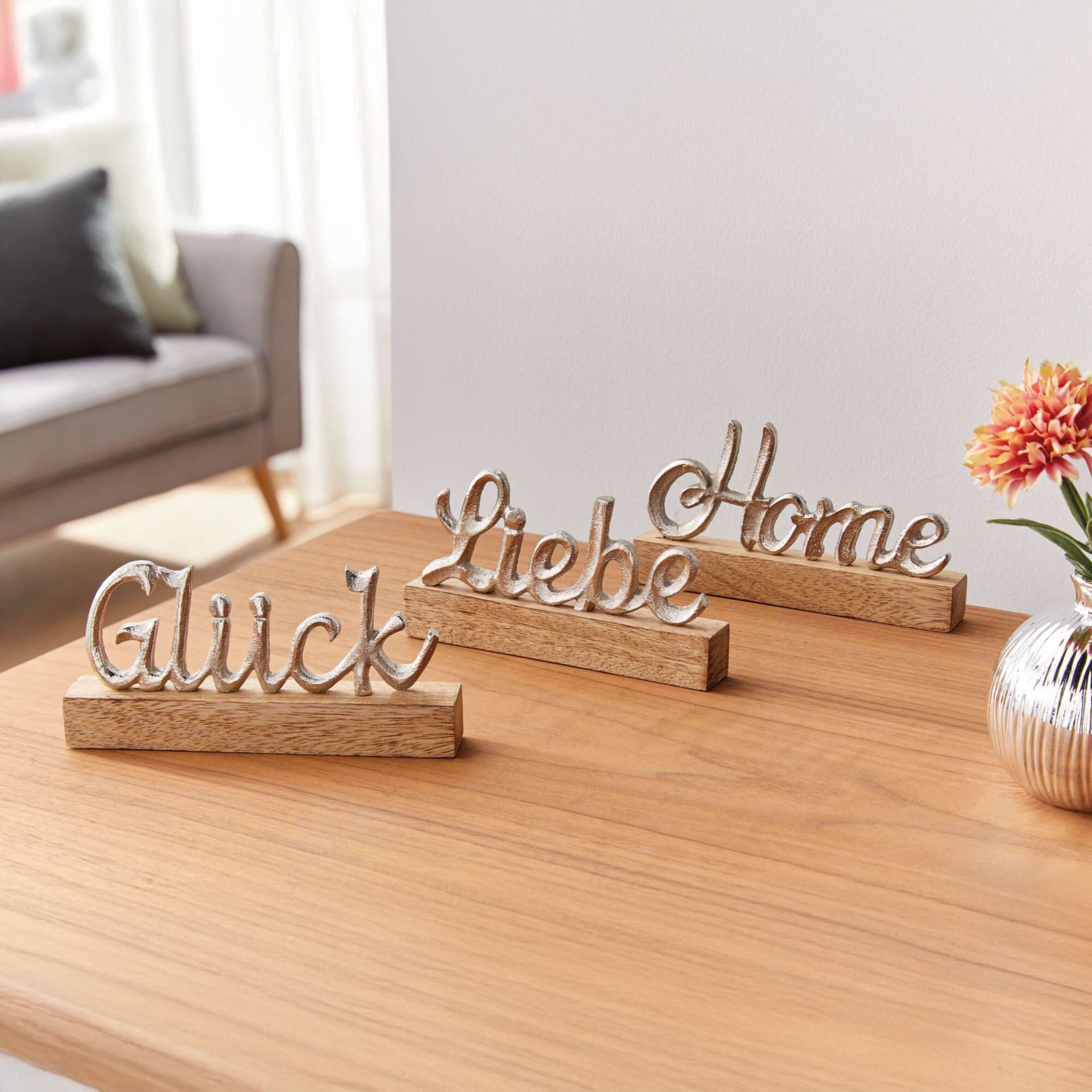 Home-trends24.de Deko-Schriftzug Glück Liebe Home Schriftzug Deko Tisch Mangoholz 3er-Set (3 St)