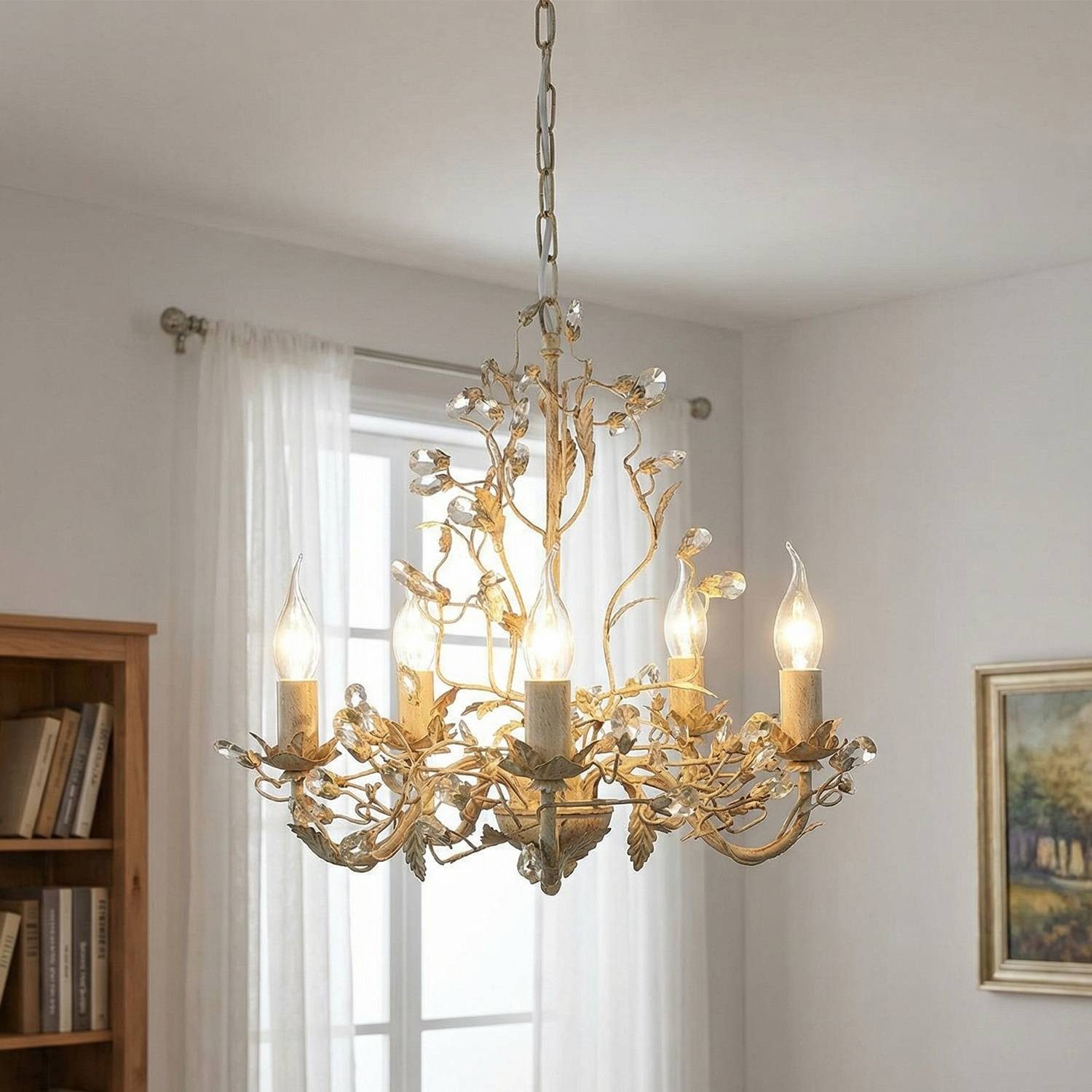 Licht-Erlebnisse Kronleuchter BALLENSTEDT, ohne Leuchtmittel, Wohnzimmer in Creme Gold 5-flammig E14 Metall Shabby Chic