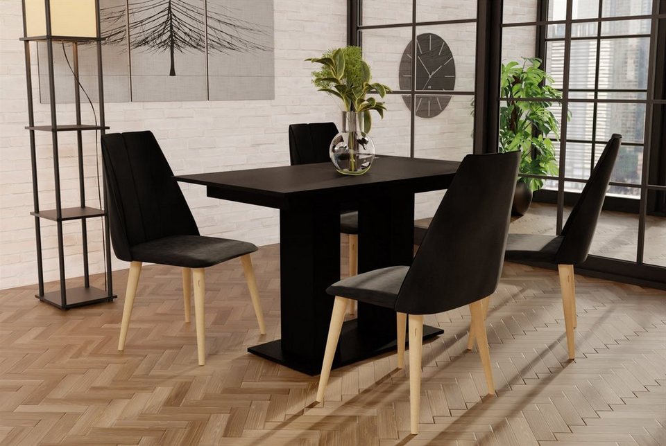 Fun Möbel Essgruppe Essgruppe CAROS mit 4 Stühlen und Tisch DANTE Schwarz  matt, (5-tlg), ausziehbarer Tisch