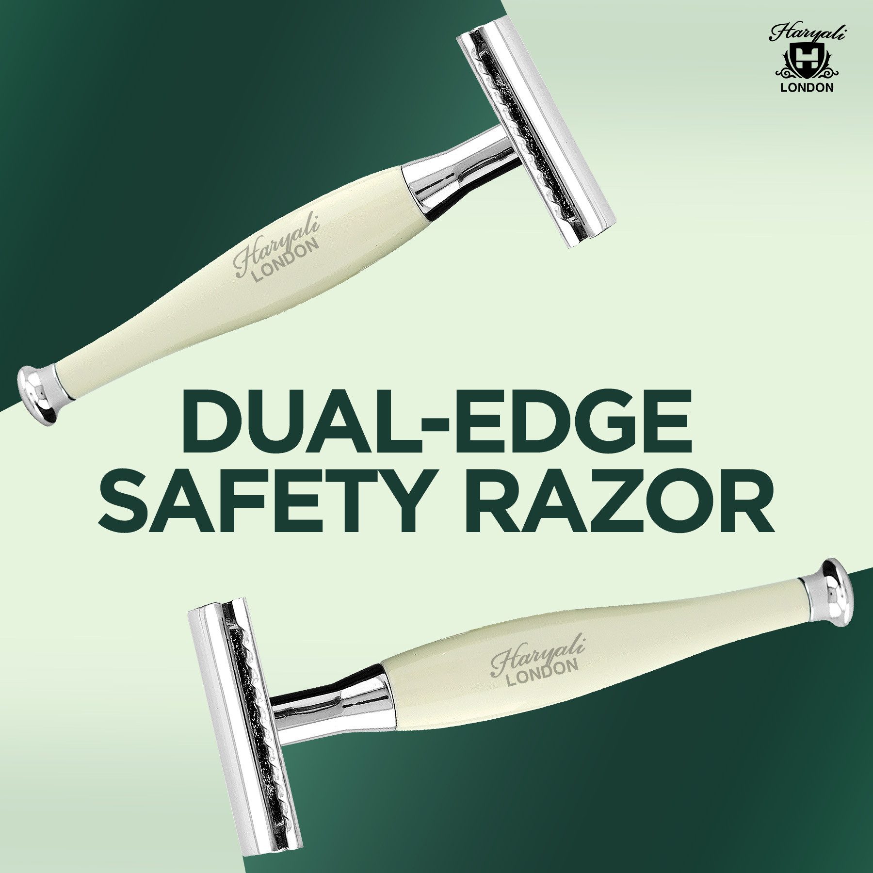 Haryali London Nassrasierer Rasierhobel mit Doppelklinge für Unisex, Metallgriff, Elfenbein, Pack, Rutschfester Nassrasierer aus hochwertigem Messingsilber, Abwaschbarer, rutschfester, glänzender Metallgriff, Rasurerlebnis