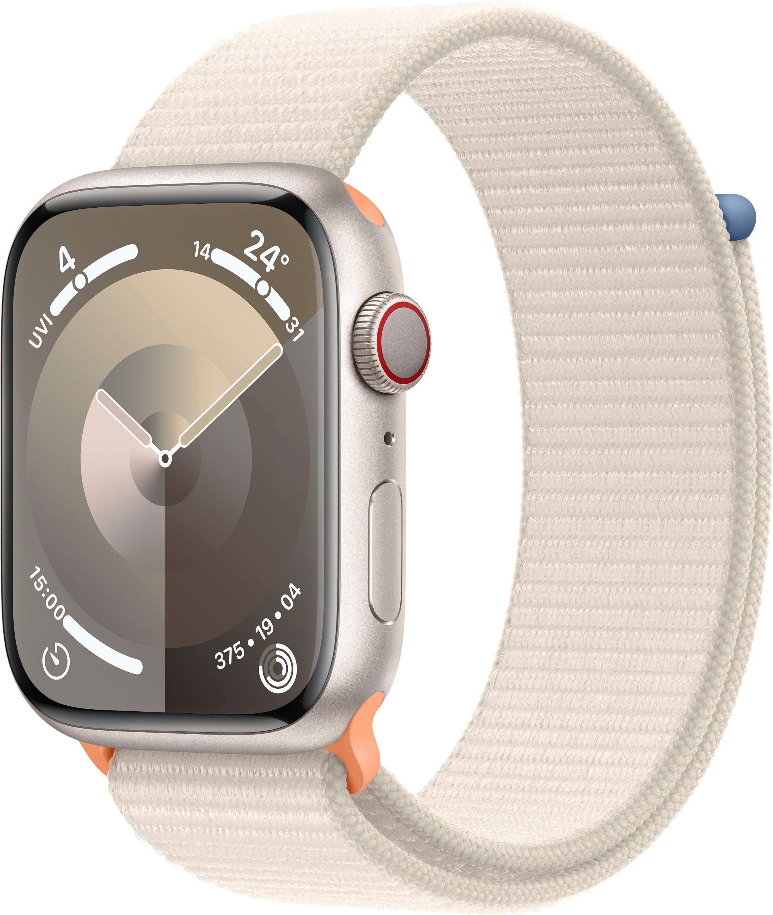 Apple Watch Series 9 GPS + Cellular 45mm Aluminium One-Size Smartwatch (4,5 cm/1,77 Zoll, Watch OS 10), Sport Loop