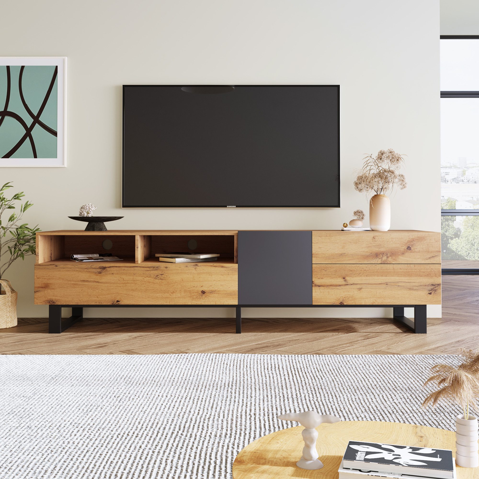 Merax Lowboard Landhaus Altholzoptik, Fernsehtisch TV Board, TV- Lowboard aus Holz, Breite 180 cm