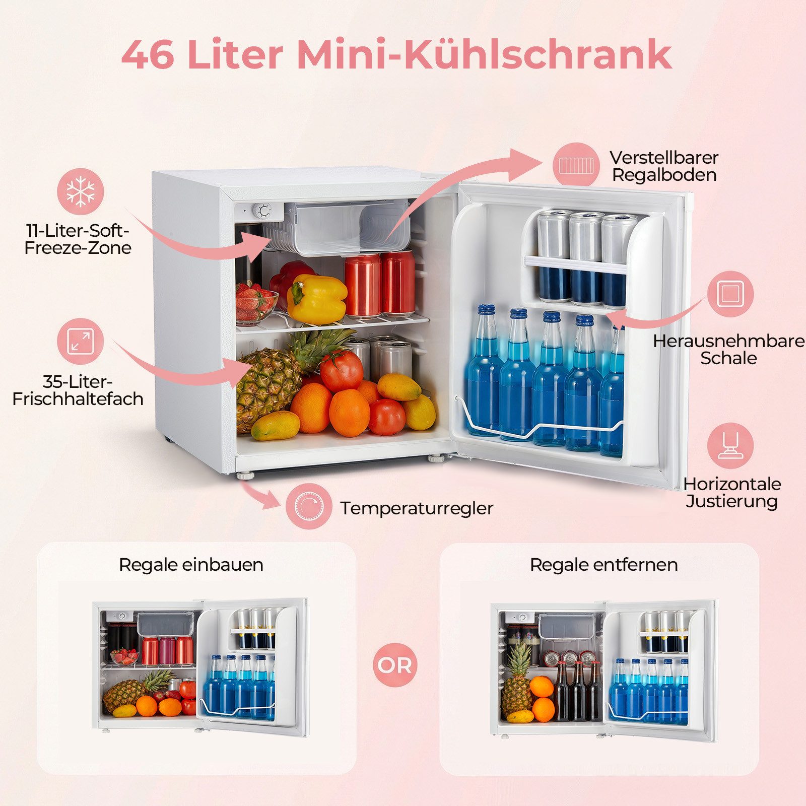 FOHERE Table Top Kühlschrank 46L Mini-Kühlschrank, Bier Hausbar Getränkekühlschrank Hotel, Weiß BC-46, 50 cm hoch, 49.53 cm breit – Bild 5 von 5