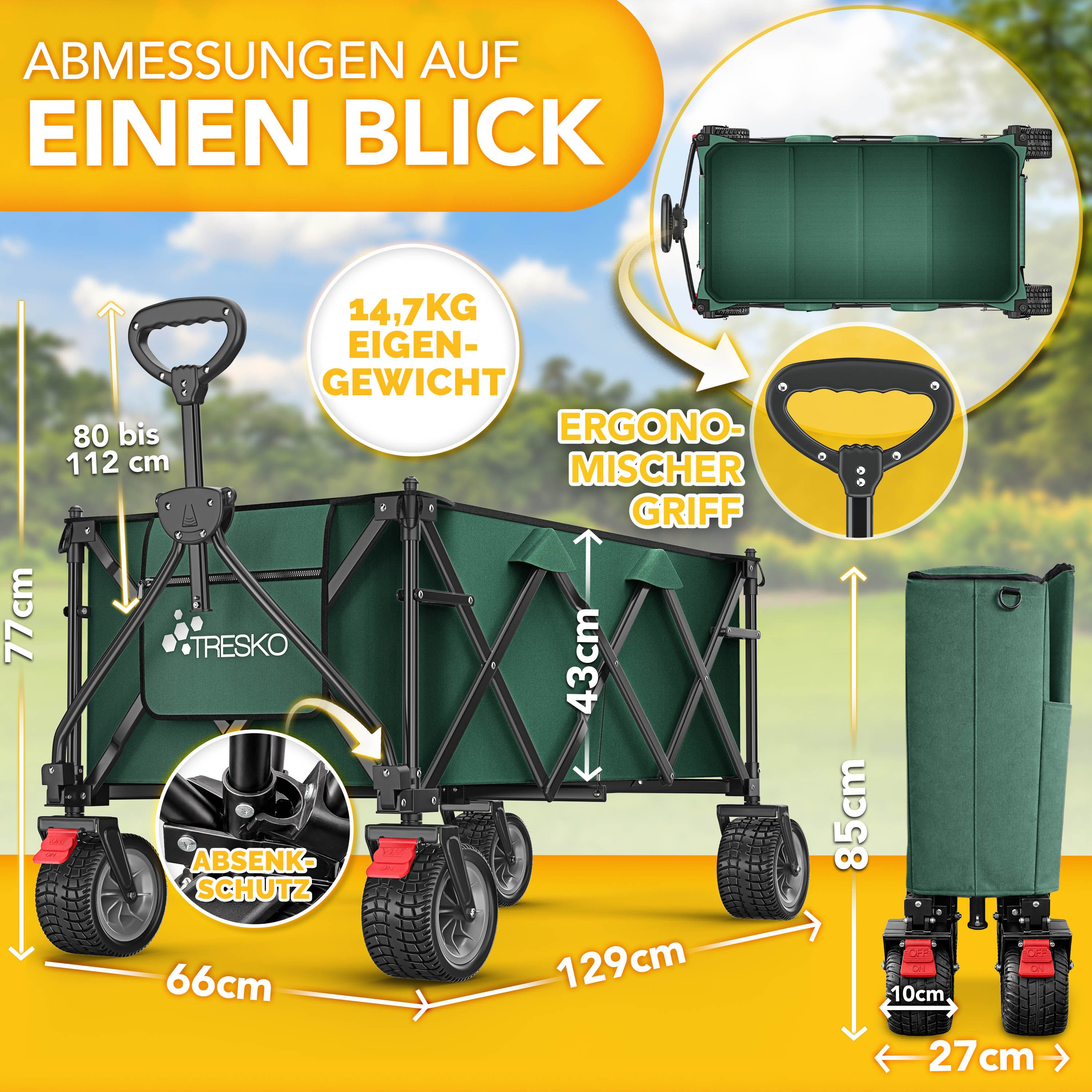 TRESKO Bollerwagen Bollerwagen faltbar 300L mit Bremse Handwagen klappbar 150kg (inkl. Vollgummireifen Faltbarer Strandwagen mit Extra Breite All-Terrain-Räder, Gartenwagen Transportwagen mit Tragetasche)