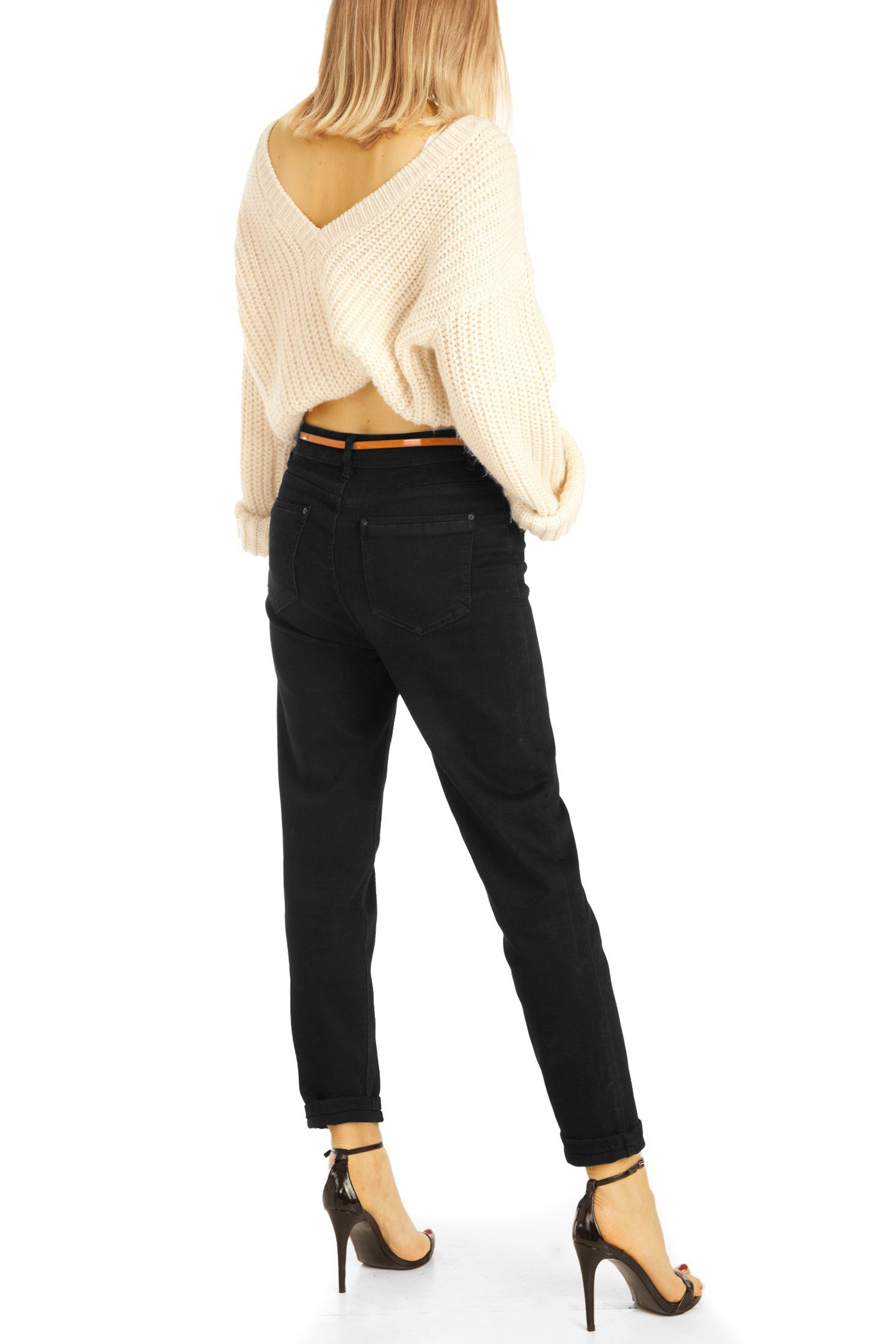 Mom-Fit - High-waist, High j13k-3 Damen styled Schwarze Hose be 5-Pocket-Style, - Jeans Stretch-Anteil, Waist Mom Jeans, mit High-waist-Jeans