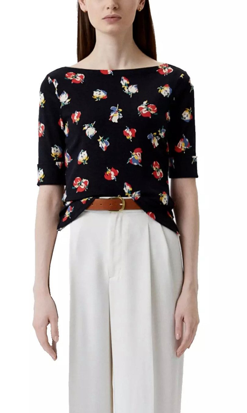 Lauren Ralph Lauren Блузкиtop U-Boot Ausschnitt Bluse Floral Print Shirt Slim Fit mit seitlichen Schlitzen, tailliert und hüftlang