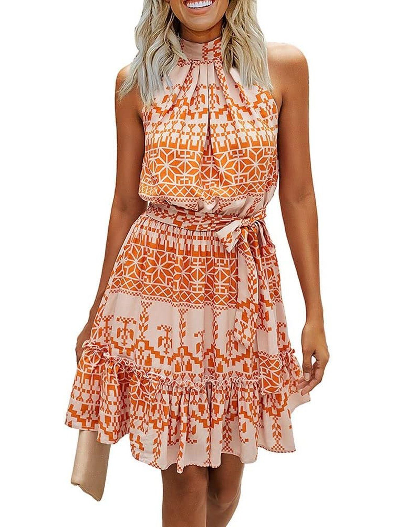 ZWY Strandkleid Sommerkleider Damen Knielang Elegantes Kleid Blumenmuster  (1-tlg) Neckholder Rüschen Freizeitkleider mit Taschen
