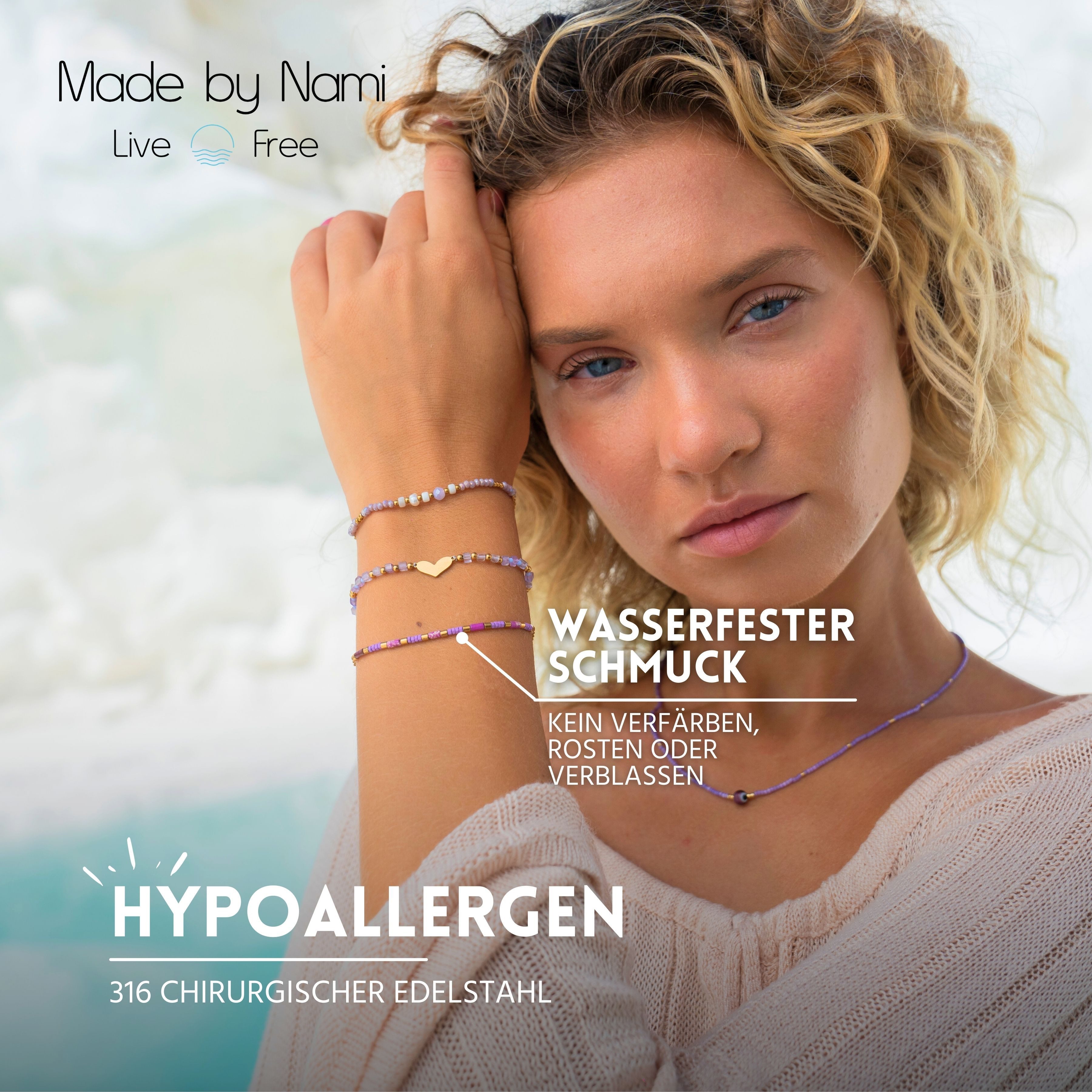 Made by Nami Perlenarmband Set Damen Armband Set mit Perlen und Herzanhänger verstellbar wasserfest, aus Edelstahl – hypoallergen – mit Verlängerung – romantischer Akzent