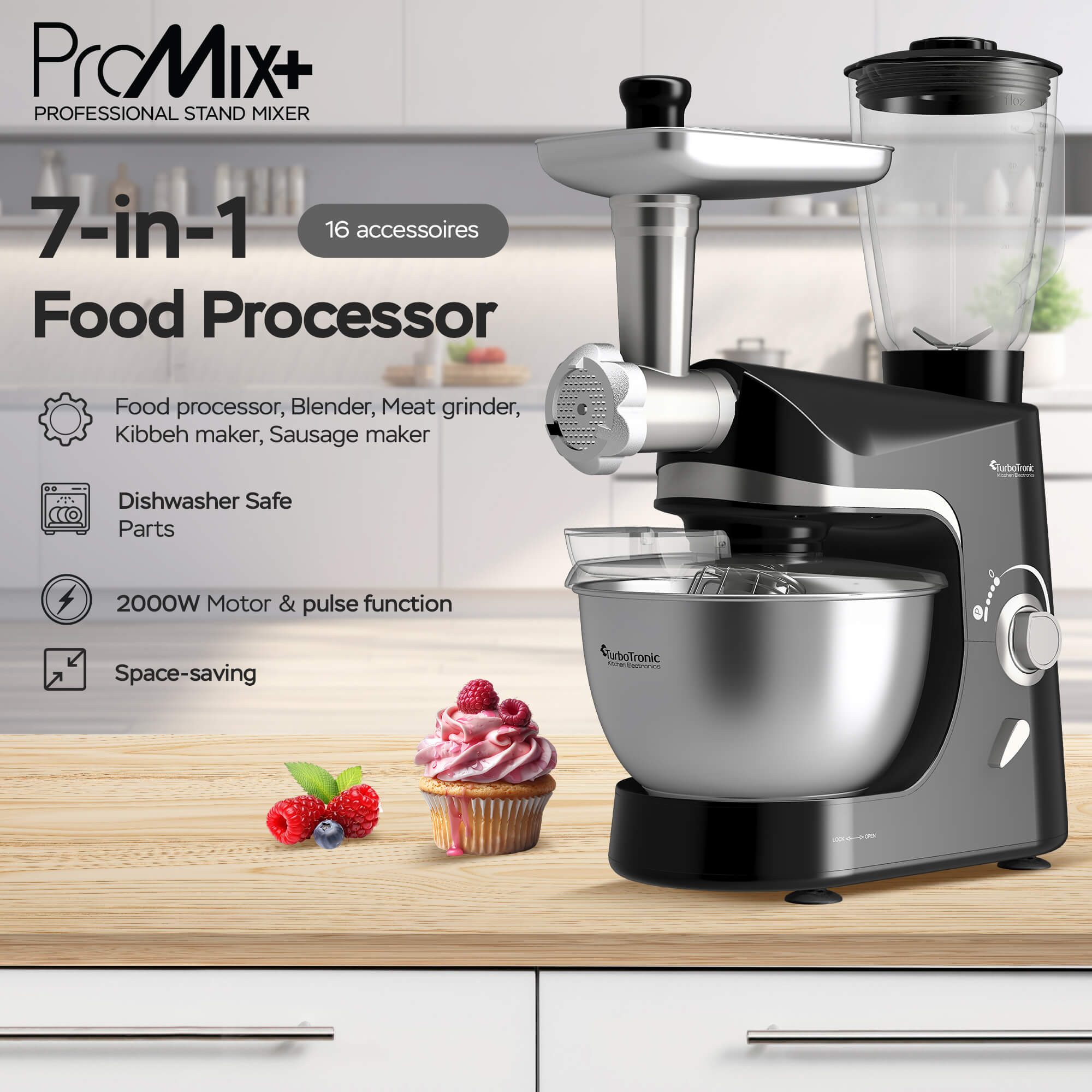 TurboTronic by Z-Line Küchenmaschine 2000 W mit 5 L Edelstahlschüssel & umfangreichem Zubehör, 2000 W, Knethaken, Schneebesen & Rührhaken für Brot-, Pizza- & Kuchenteige