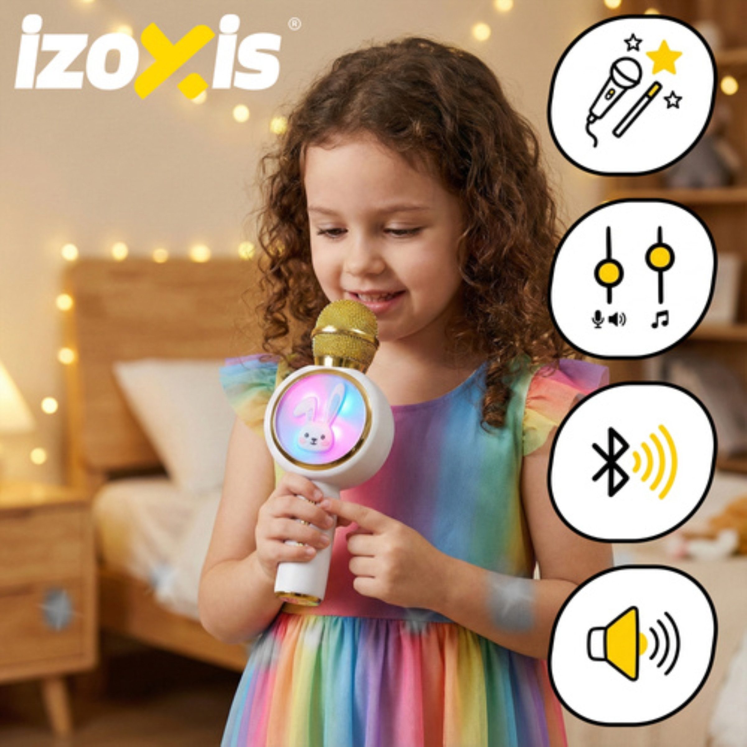 IZOXIS Mikrofon Kabelloses Bluetooth-Karaoke-Mikrofon für Kinder mit Hasenlautsprecher (Kabelloses Bluetooth-Kinder-Mikrofon Hasenmotiv, 800-mAh Akku), Kabellos, kinderfreundlich, Hasenmotiv