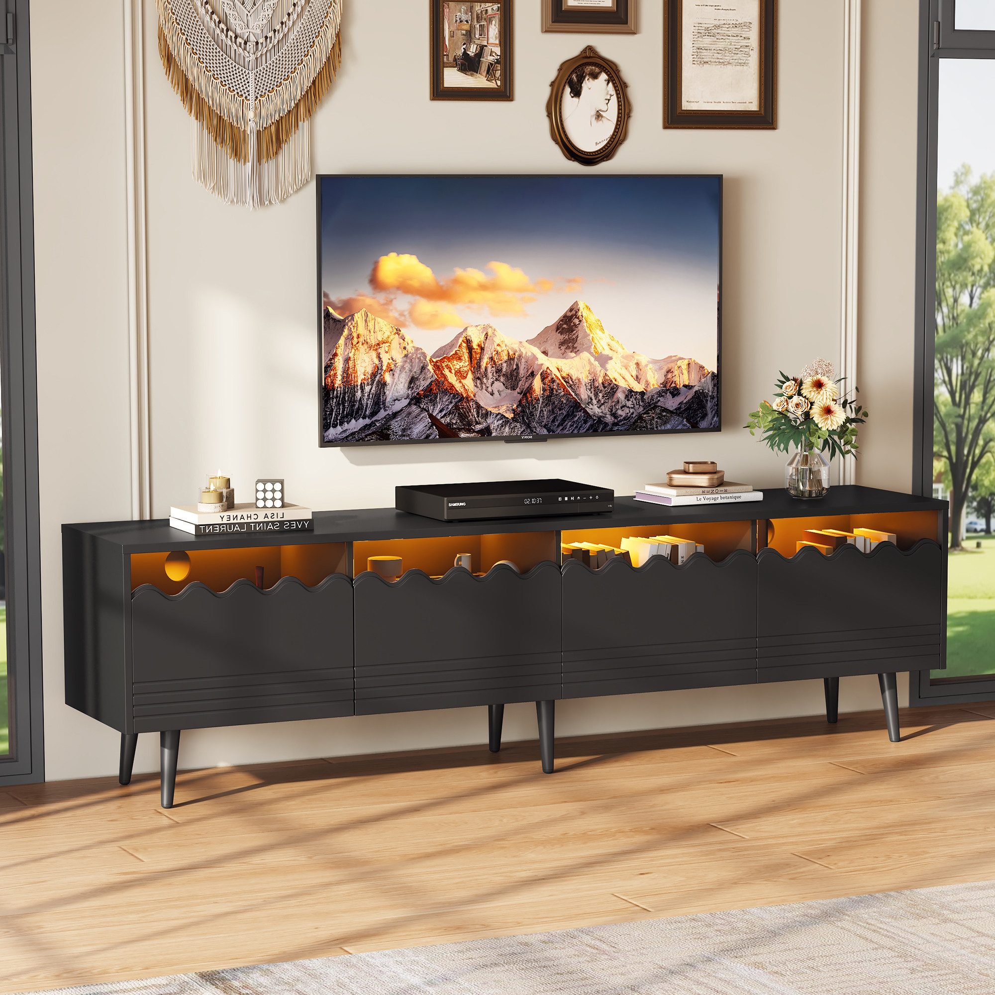KLAM HOME Lowboard 176*38*45cm Lowboard, TV-Ständer mit 2 Schubladen und 2 Schränken (Fernsehschrank, Wohnzimmermöbel, TV-Board, mit 6 Stützbeinen), passend für TV-Ständer bis zu 75 Zoll, TV-Schränke