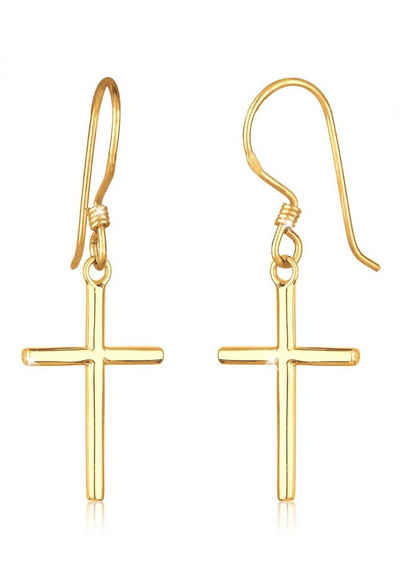 Elli Paar Ohrhänger »Kreuz schlicht religiös 925 Silber vergoldet«