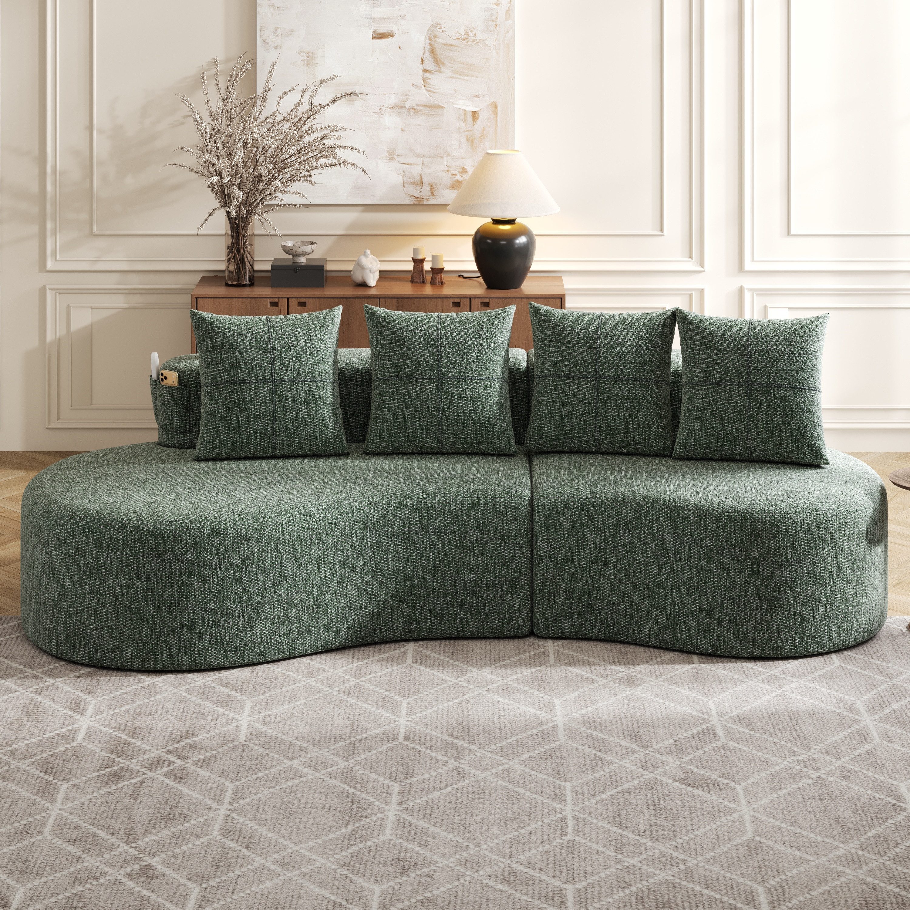 HAUSS SPOLE Loungesofa aus Leinenstoff,Chaiselongue mit vier Kissen,Polstermöbel in Grün