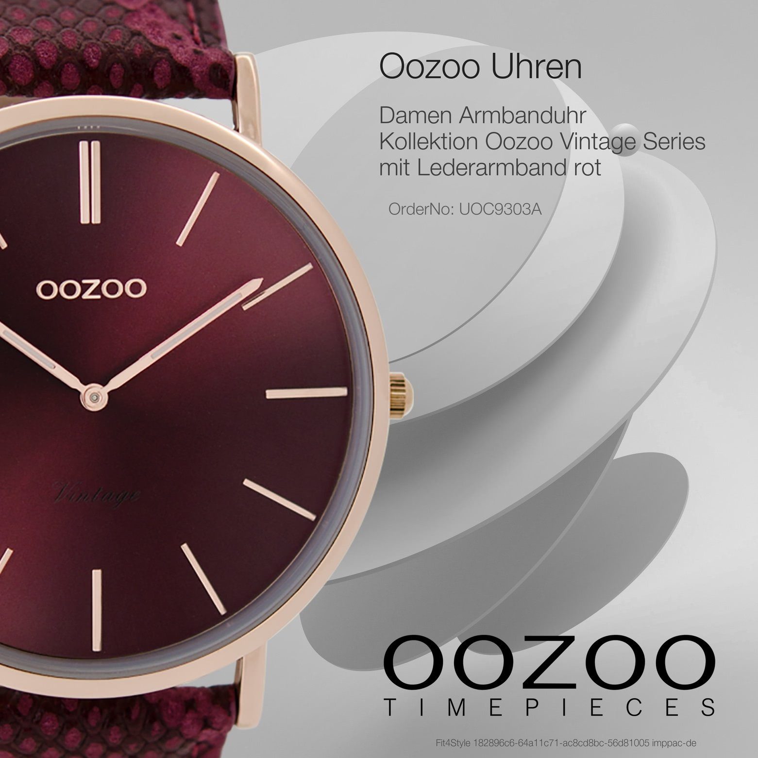 Vintage, Armbanduhr OOZOO Damenuhr rund, Quarzuhr Damen groß Lederarmband Fashion Oozoo (ca. 44mm), rot,