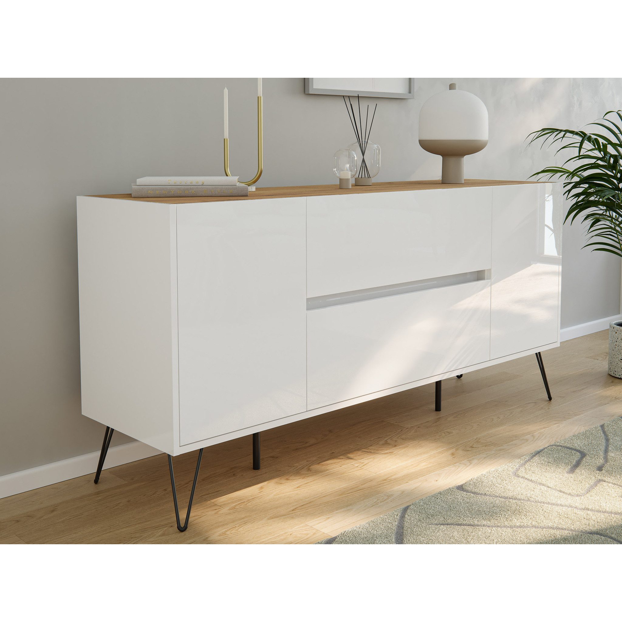 Posseik Sideboard Posseik Sideboard Industrial G 155 cm Weiß/Eiche Top