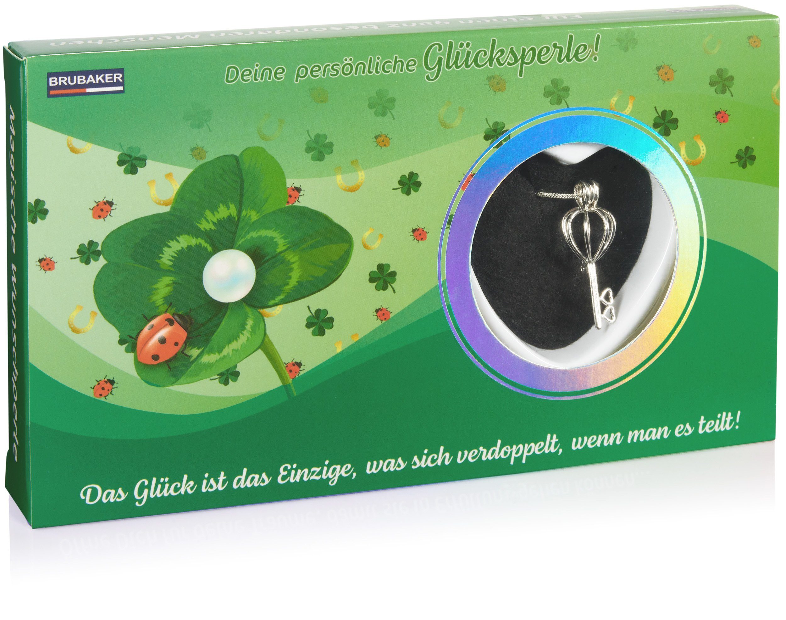 BRUBAKER Perlenketten-Set Wunschperle "Glück" (Muschel mit echter Perle als Schmuck Geschenkset für die Freunde und Familie - Grün mit Kleeblättern, Set), Halskette mit Silber Schlüssel Anhänger