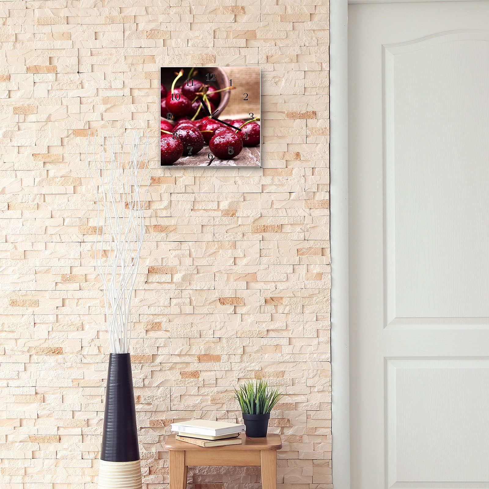 Kirschen Primedeco Motiv mit Wanduhr mit 30 Glasuhr Wanduhr 30 x Größe Wassertropfen Wandkunst cm