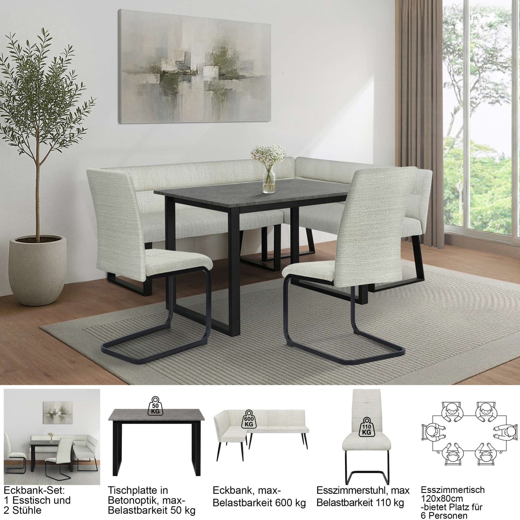 OTTO home Eckbankgruppe Barcell/Ivanna/Calgoty, (Set, 4-tlg., Eckbankgruppe mit Tisch, Eckbank, Stühle), Sitzgruppe, Eckbank und Stühle bequem gepolstert, Tisch 120x80 cm