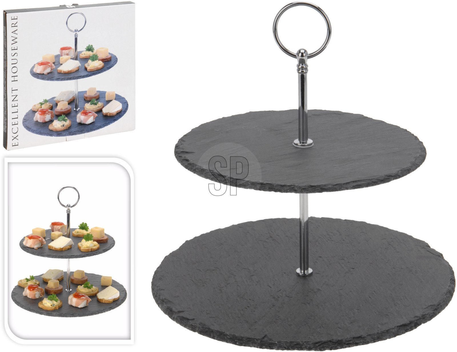 Koopman Etagere Servierständer 2 Etagen Ablage Schiefer Griff Demontiert, Schiefer, (1-tlg), 2 Etagen, Servierständer, Schiefer, Keksständer, Anrichte