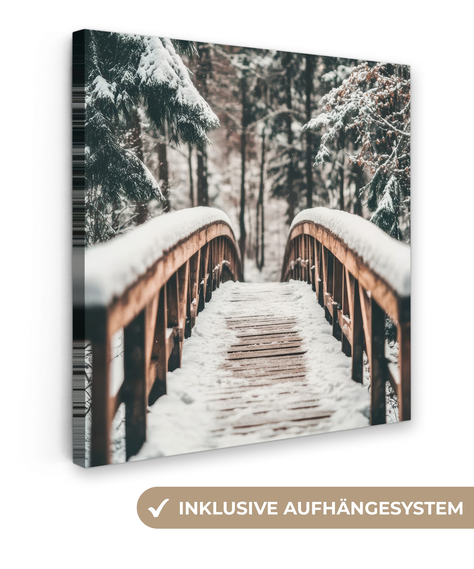 OneMillionCanvasses® Leinwandbild Brücke - Winterlandschaft - Wald - Natur - Schnee, Fotodruck (1 St), Wandbild, Deko Schlafzimmer Wohnzimmer Flur 20x20 cm