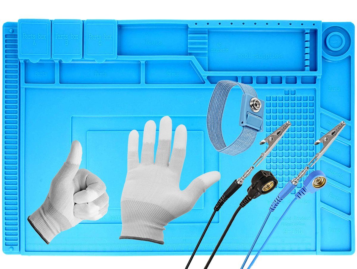 Minadax Reparatur-Set Lötmatte ESD Handschuhe 500C° Antistatik + 30x45cm Handgelenkschlaufe