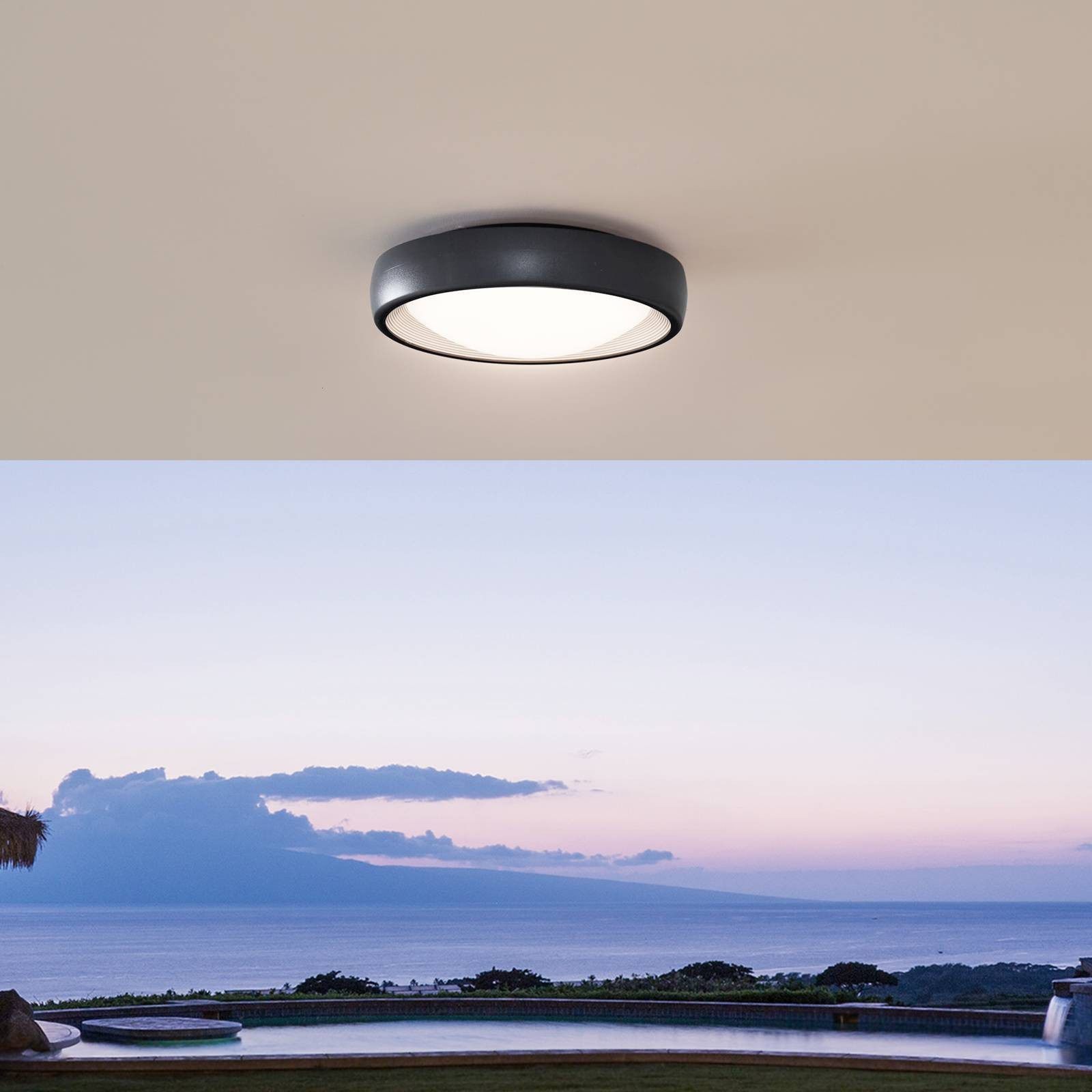 Lindby Außen-Deckenleuchte Niniel, LED, Kunststoff Schwarz warmweiß IP65, 1 x 14,5 W LED, warmweiß