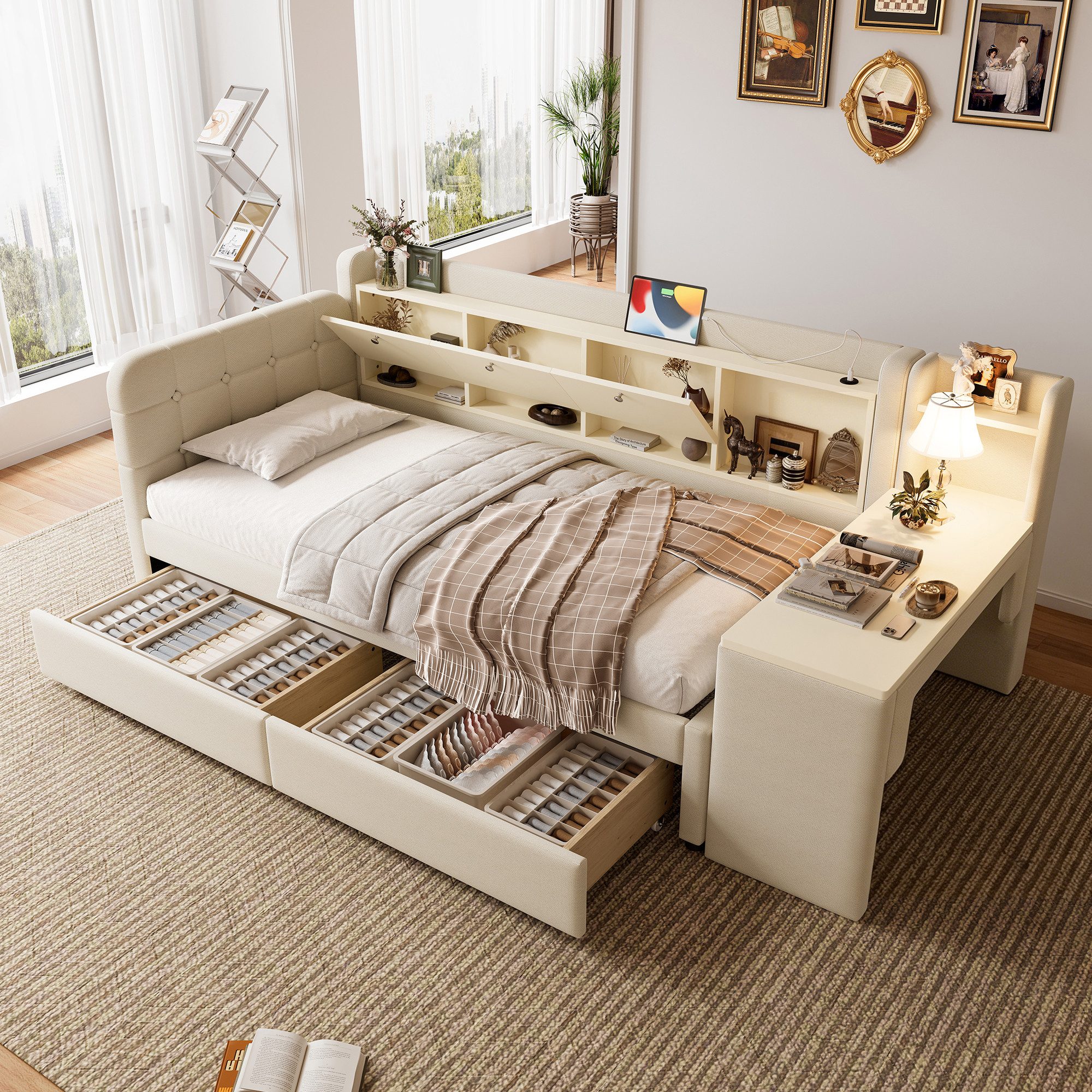 SOFTWEARY Stauraumbett mit Schreibtisch (90x200 cm, Lattenrost, Regal, Schubladen, USB und Type-C Anschluss), Einzelbett, Polsterbett, Leinen