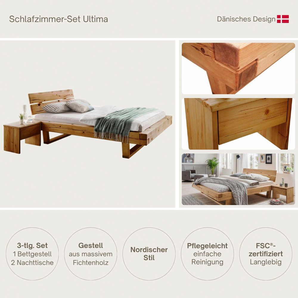 Home affaire Schlafzimmer-Set Ultima, 3-tlg., Bettgestell & 2 Nachttische aus massivem Fichtenholz, (Set, 3-tlg., Liegefläche 180x200cm, Belastbarkeit je Seite bis zu 200kg), Scandi Rustikale Balken-Optik, FSC®-zertifiziert, Pro Seite bis 200 kg