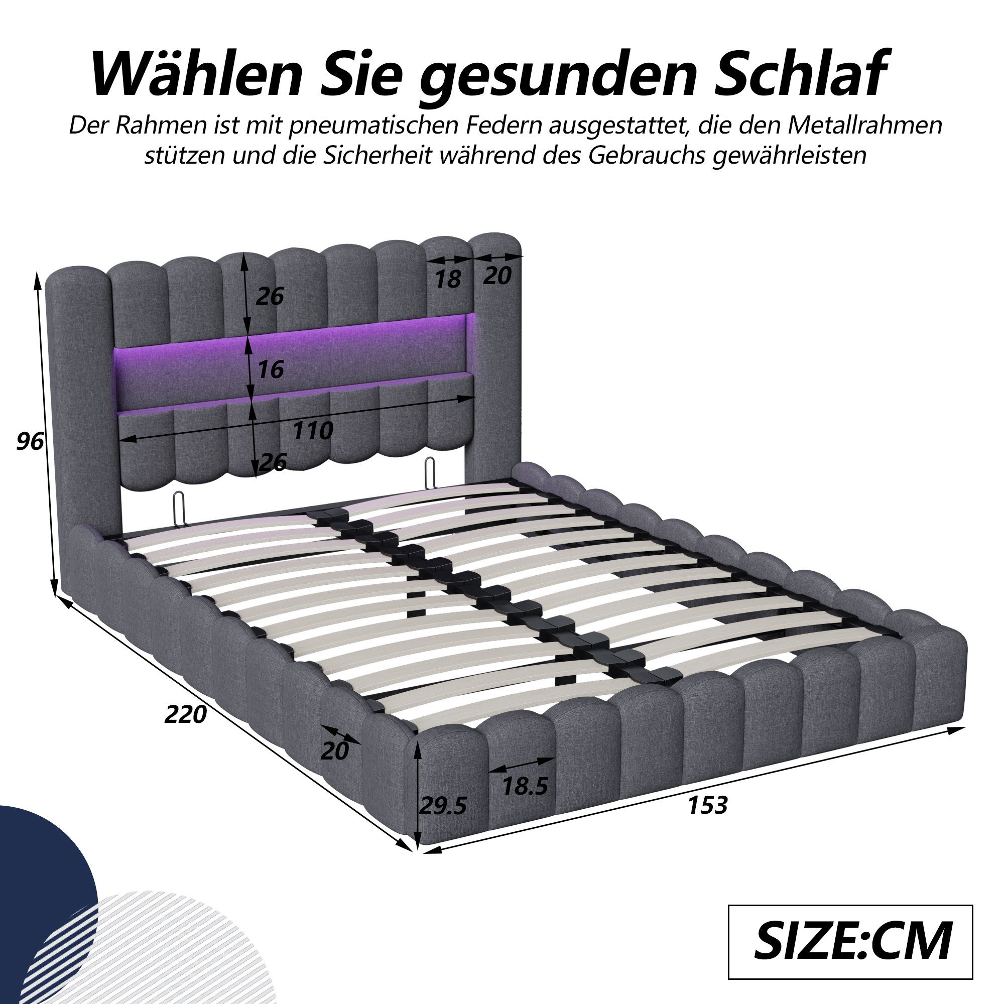 Gdood Polsterbett Stauraumbett Doppelbett LED, Leinenstoff (1-tlg., Type-C + USB, Hydraulisch hebbarer Stauraum), Mit Bettkasten, LED-Beleuchtung, USB-Anschluss, 140x200 cm