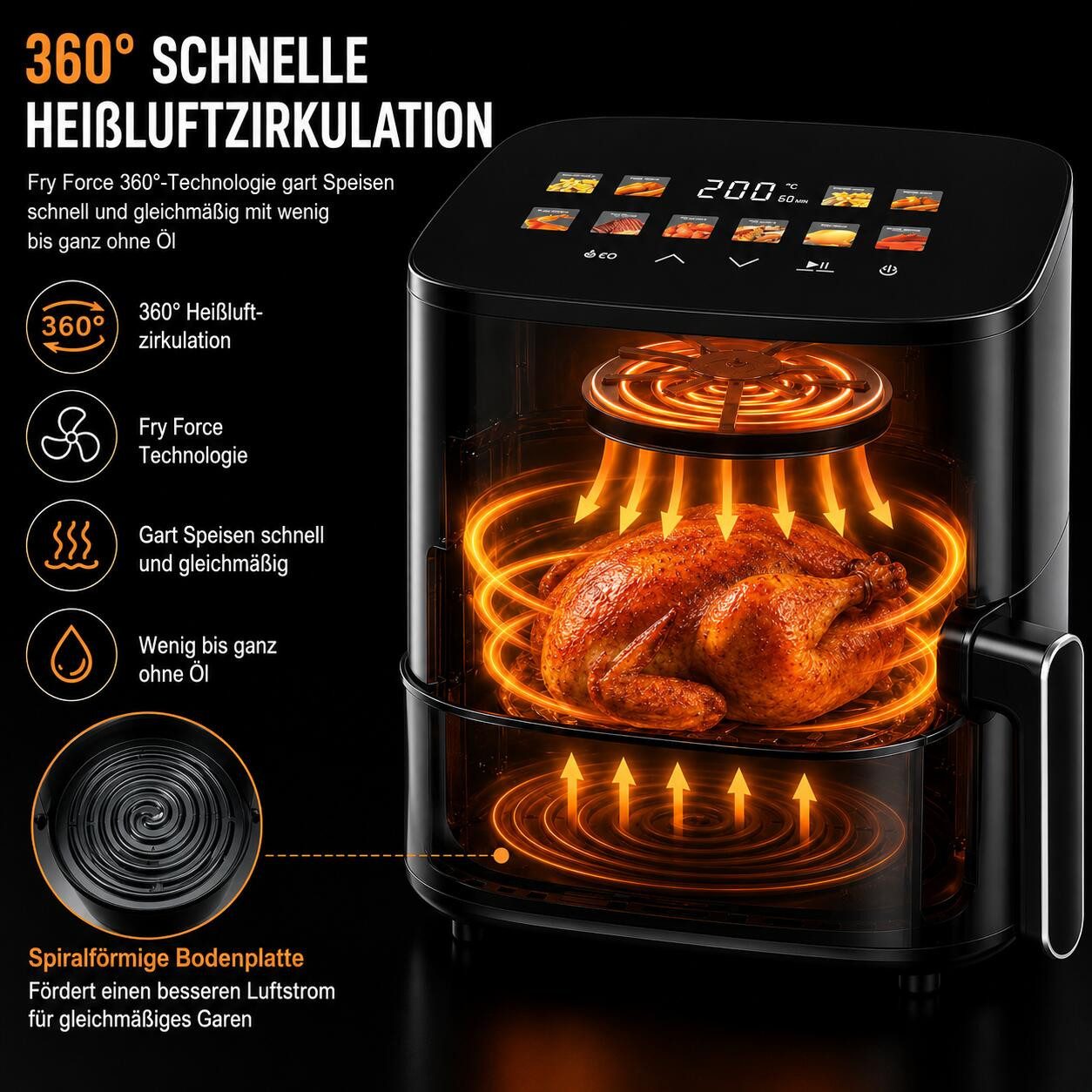 OZAVO Heißluftfritteuse 4,5L Airfryer digitales mit 10 Programme,Sichtfenster,LED-Display, 1200 W, Fettfreie & fettsparende gesunde Heißluftfritteuse,85% weniger Öl