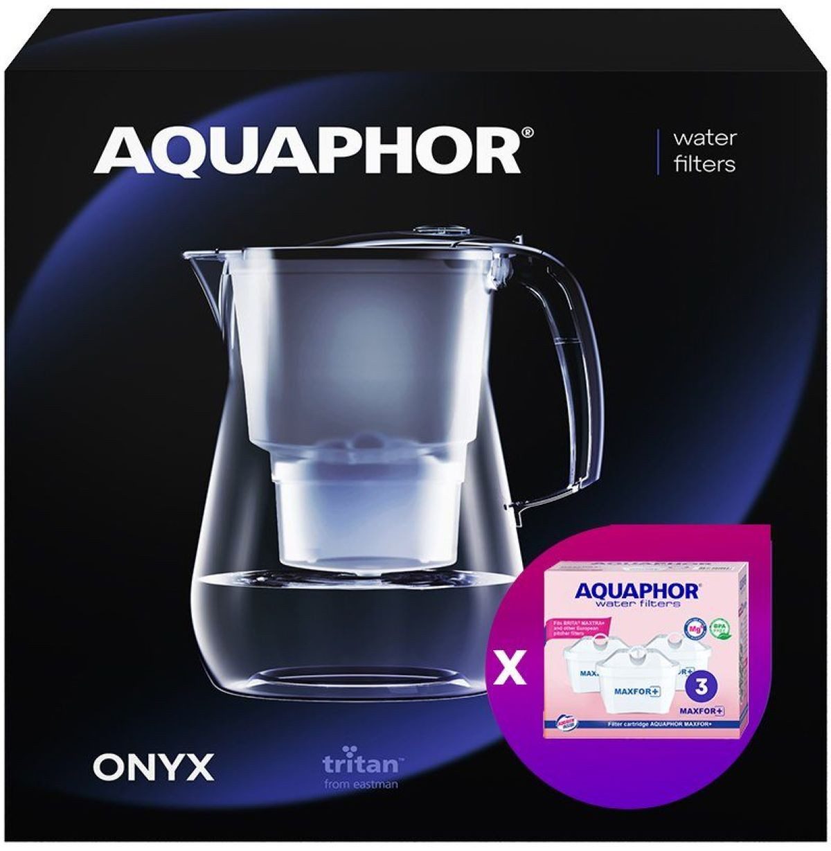 AQUAPHOR Wasserfilter Set ONYX schwarz- plus Pack 3 Filterkartuschen MAXFOR+ Mg, Zubehör für Filterkartuschen MAXFOR+, MAXFOR+H hartes Wasser & MAXFOR+ Mg. Magnesium, Reduziert Kalk, Chlor & weiteren Stoffen. BPA frei